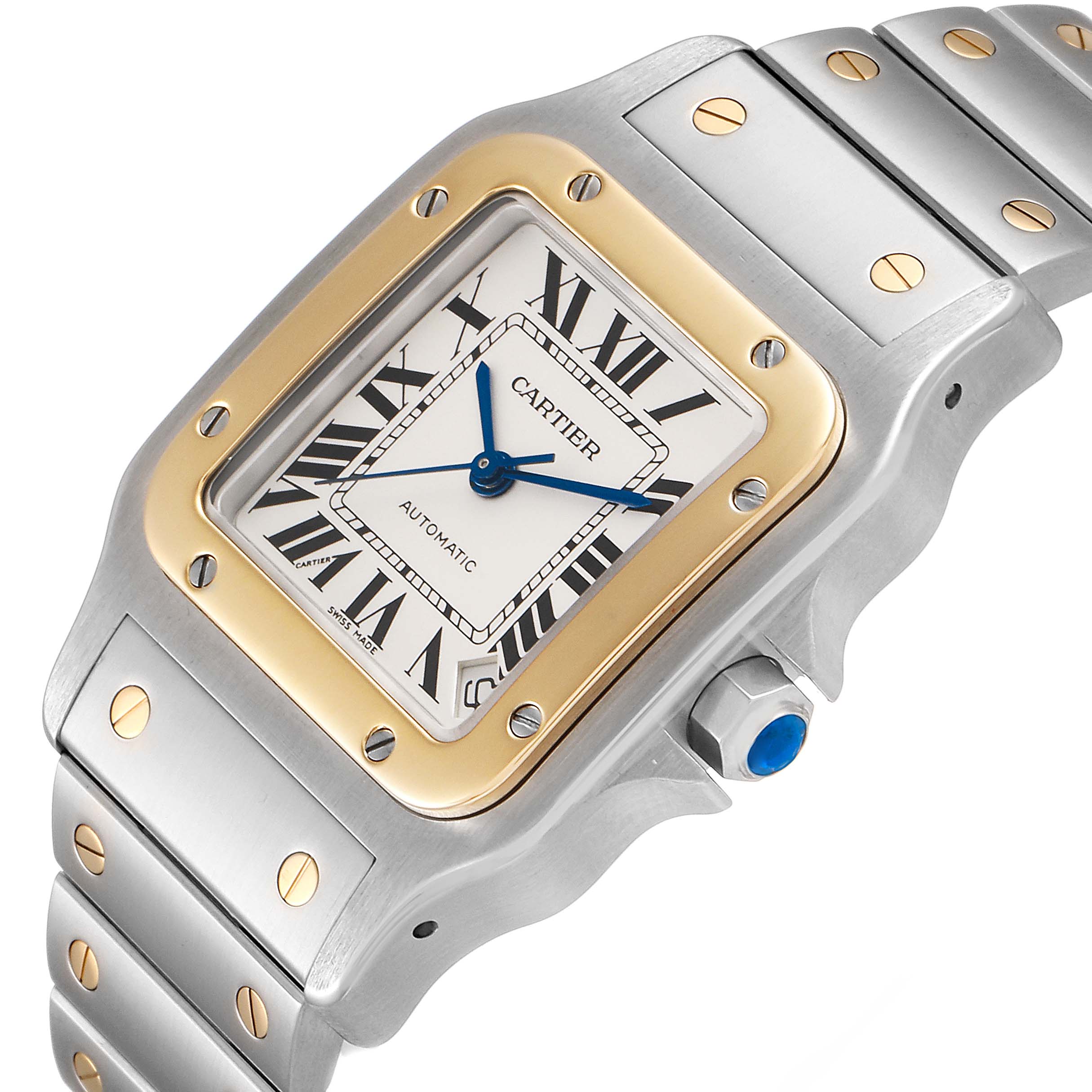 The image shows an angled view of the Cartier Santos W20099C4 Men
s Steel and Gold (two tone) Silver Dial W20099C4 Men
s Steel and Gold (two tone) Silver Dial watch face, case, and part of the bracelet.