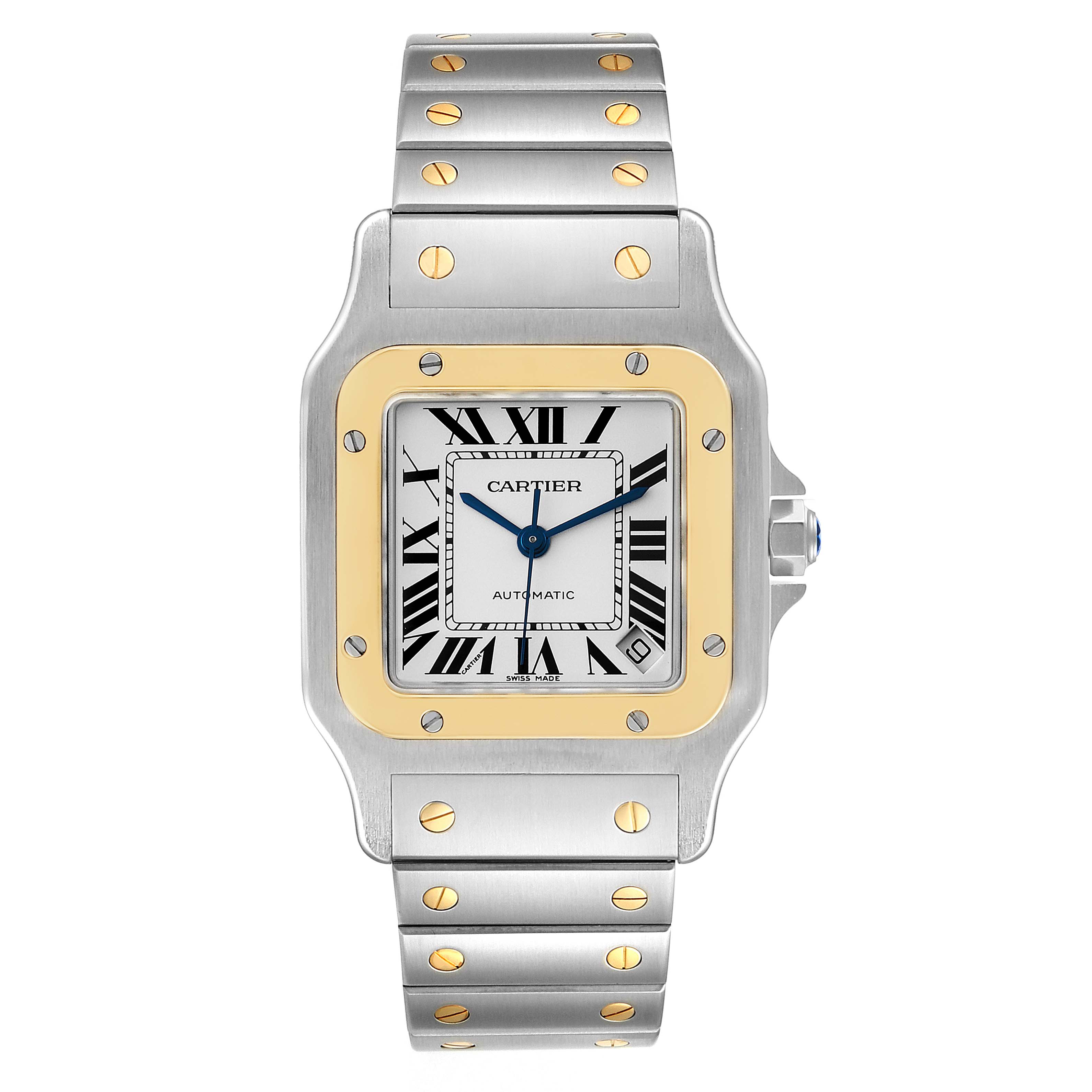 The image shows a front view of the Cartier Santos W20099C4 Men
s Steel and Gold (two tone) Silver Dial W20099C4 Men
s Steel and Gold (two tone) Silver Dial watch, highlighting its dial, bezel, and bracelet.