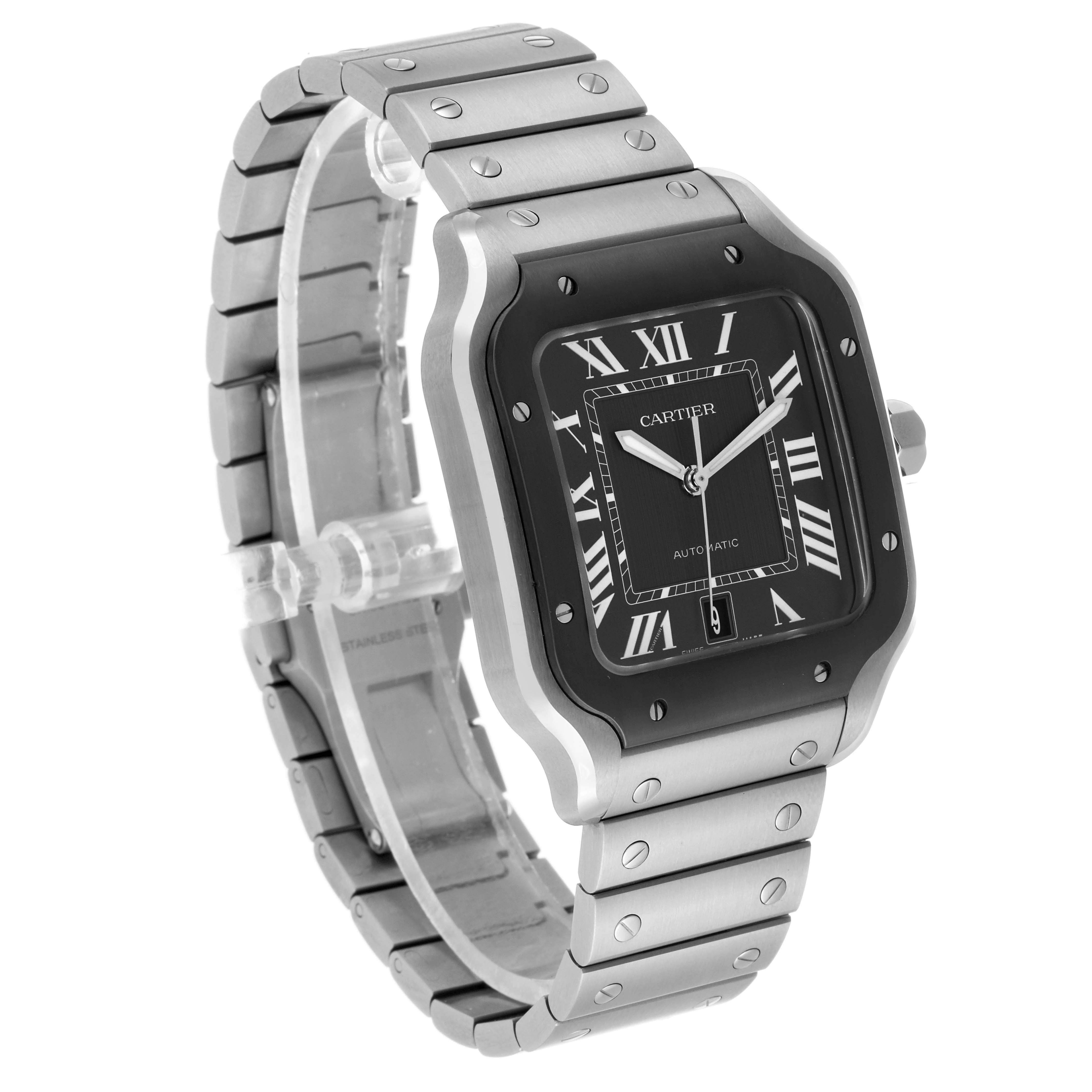 The Cartier Santos WSSA0037 Men's Stainless Steel Grey Dial watch is shown at a three-quarter angle, displaying the face, bezel, crown, and part of the metal bracelet.