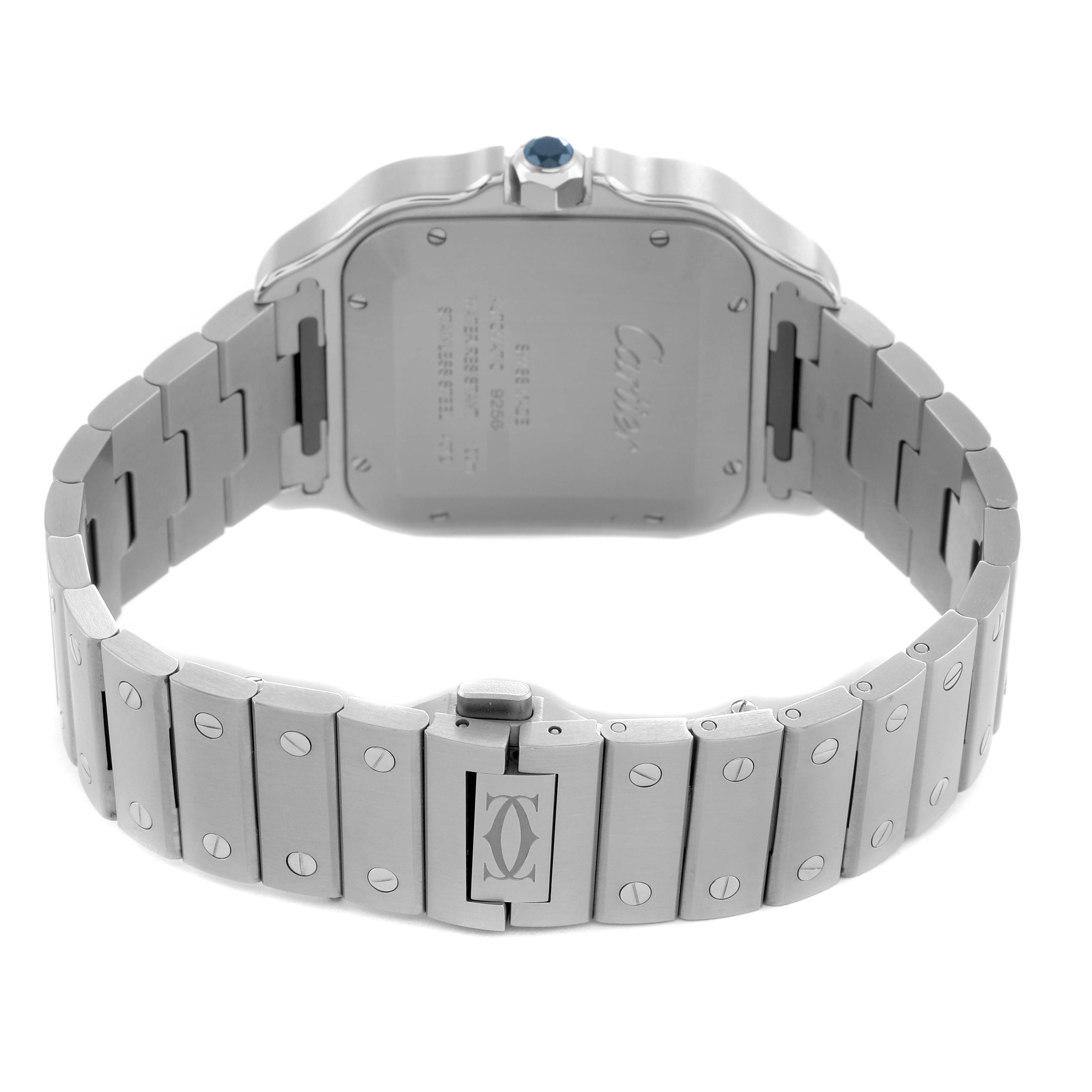 The image shows the back view of a Cartier Santos WSSA0037 Men's Stainless Steel Grey Dial watch, highlighting the bracelet, clasp, and case back.