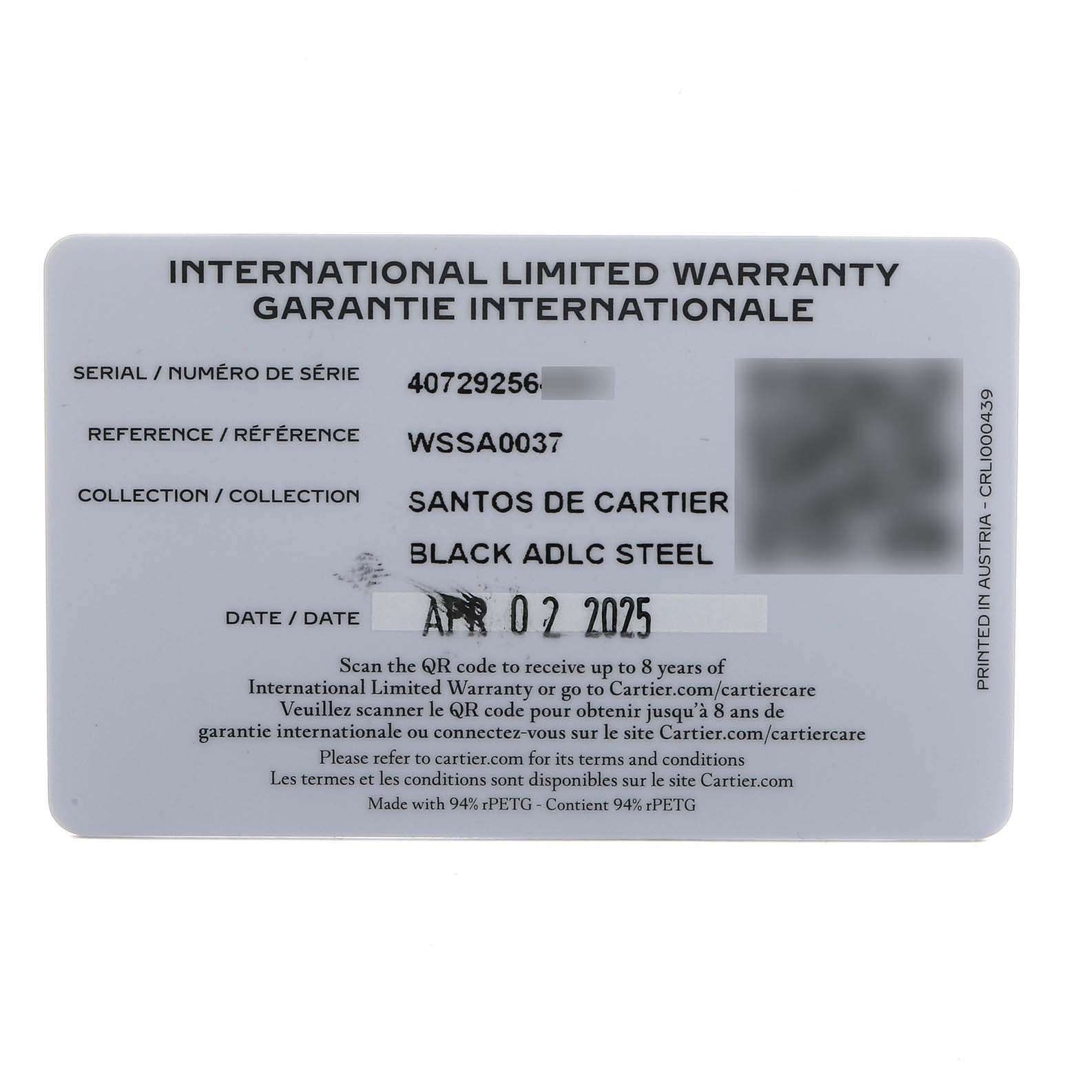 This image shows an international limited warranty card for a Santos de Cartier watch, featuring details like serial and reference numbers.