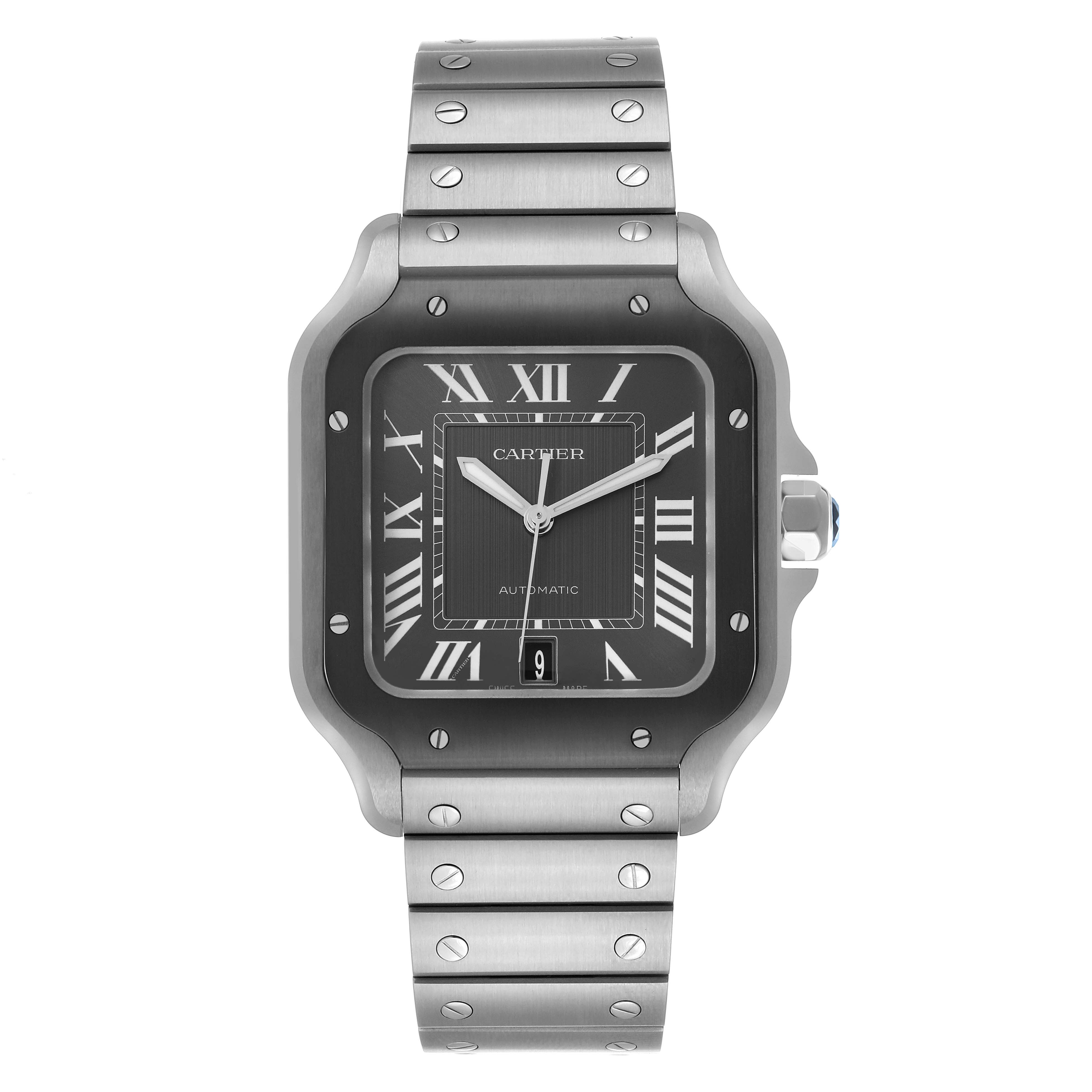 The Cartier Santos WSSA0037 Men's Stainless Steel Grey Dial watch is shown from a front angle, highlighting the face, bezel, and bracelet with Roman numerals.