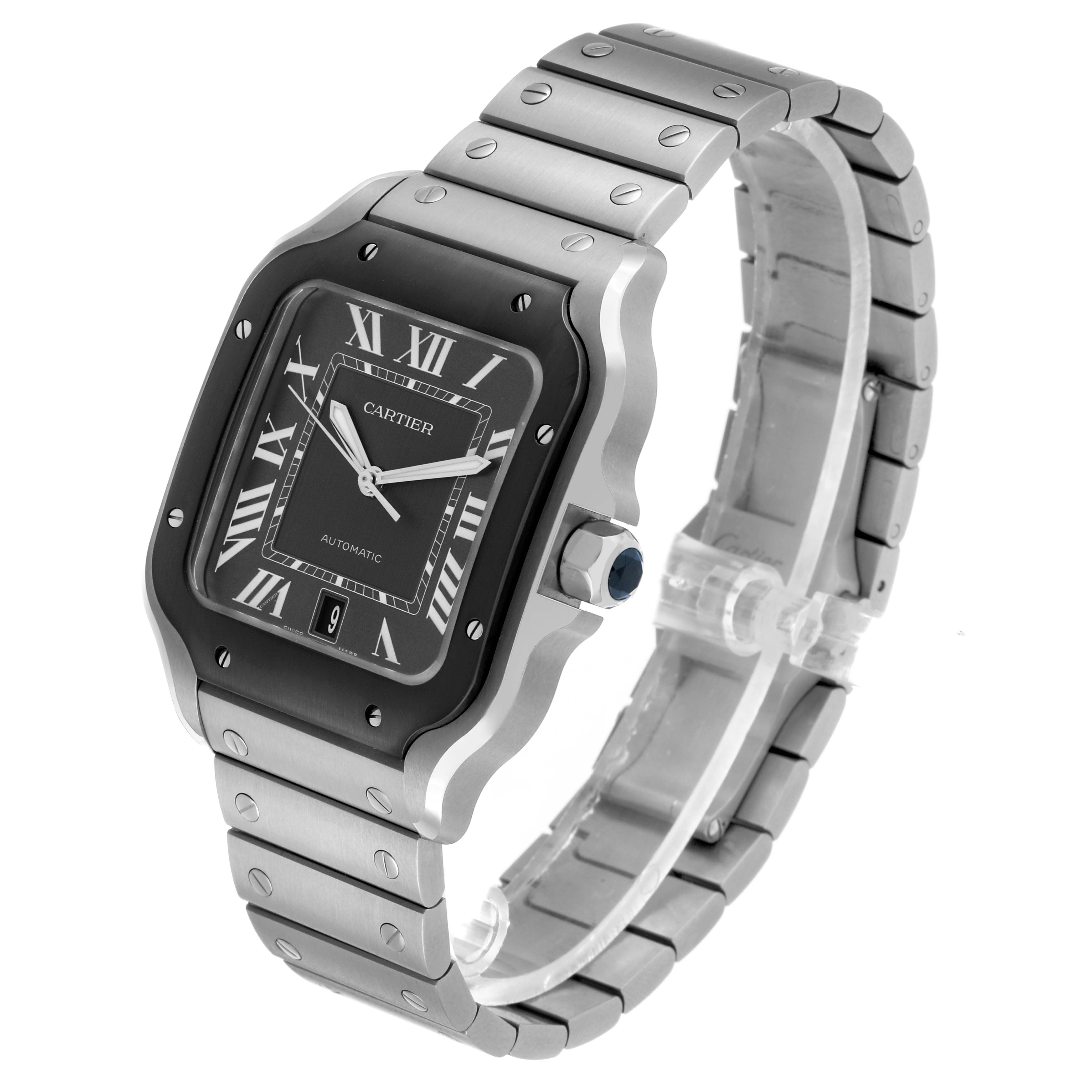 The Cartier Santos WSSA0037 Men's Stainless Steel Grey Dial model is shown at a three-quarter angle, highlighting the face, bezel, and bracelet.