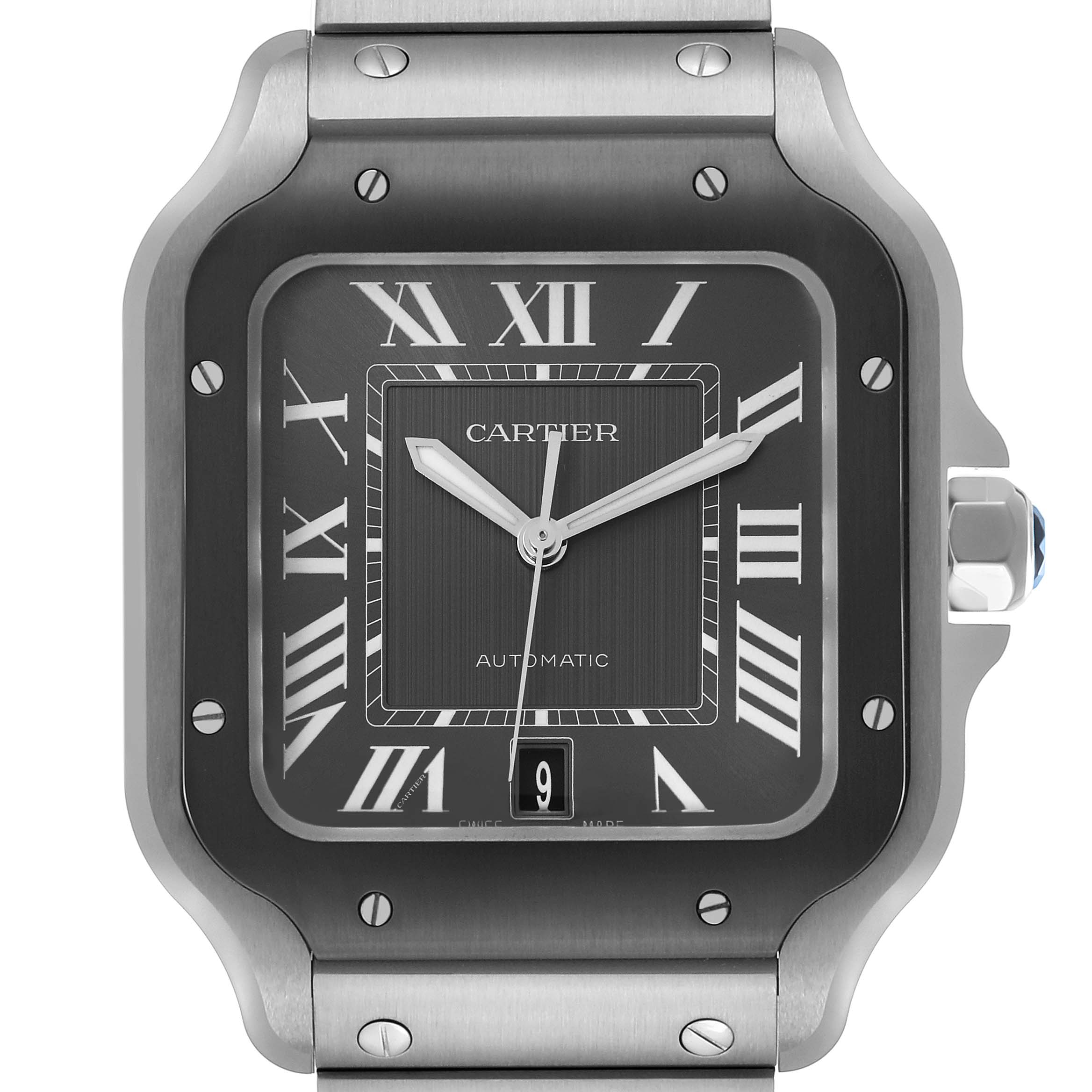 The image shows a frontal view of the Cartier Santos WSSA0037 Men's Stainless Steel Grey Dial watch face, highlighting the dial, bezel, and crown.
