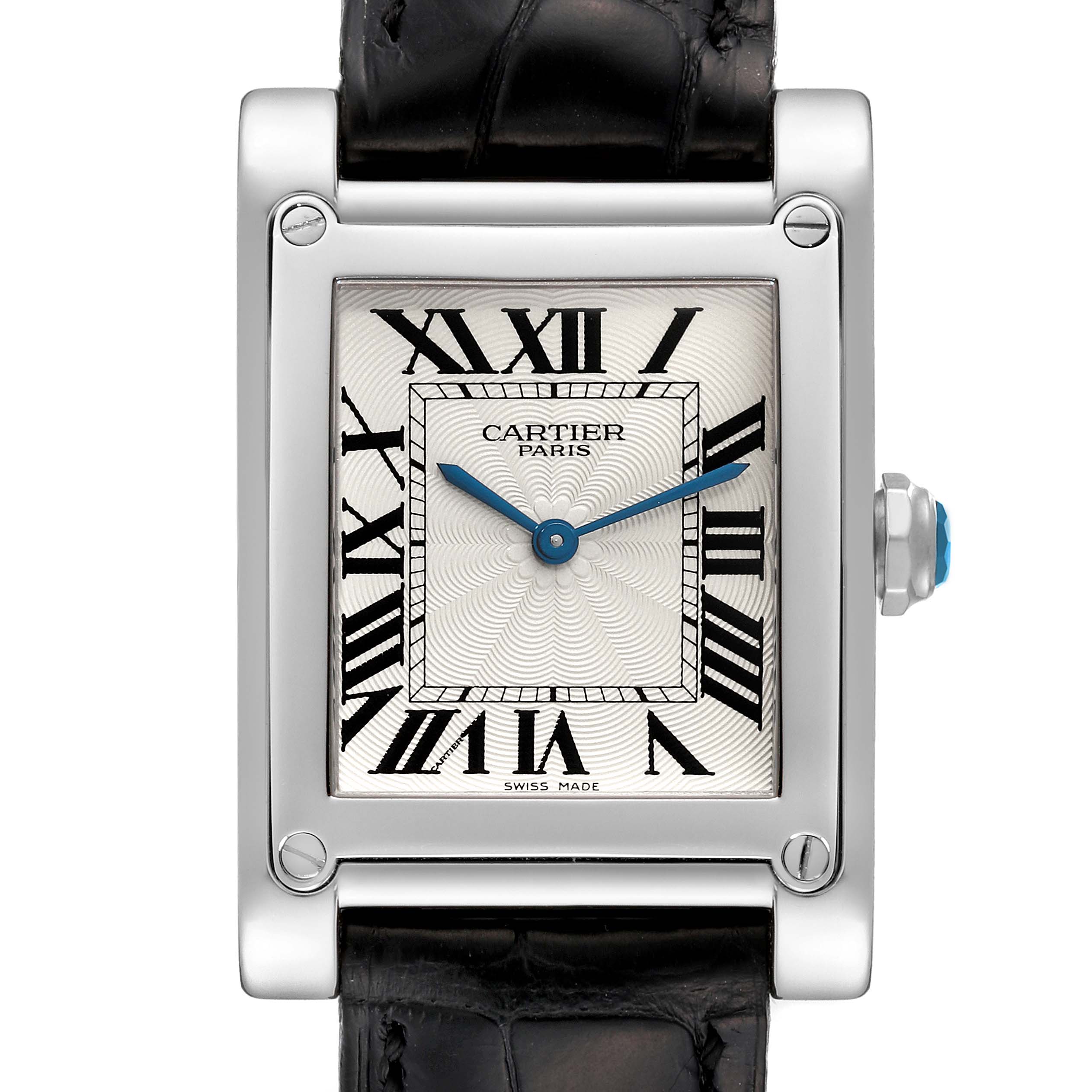 This image shows a close-up, frontal view of the Cartier Tank À Vis model watch, highlighting its dial and part of the strap.