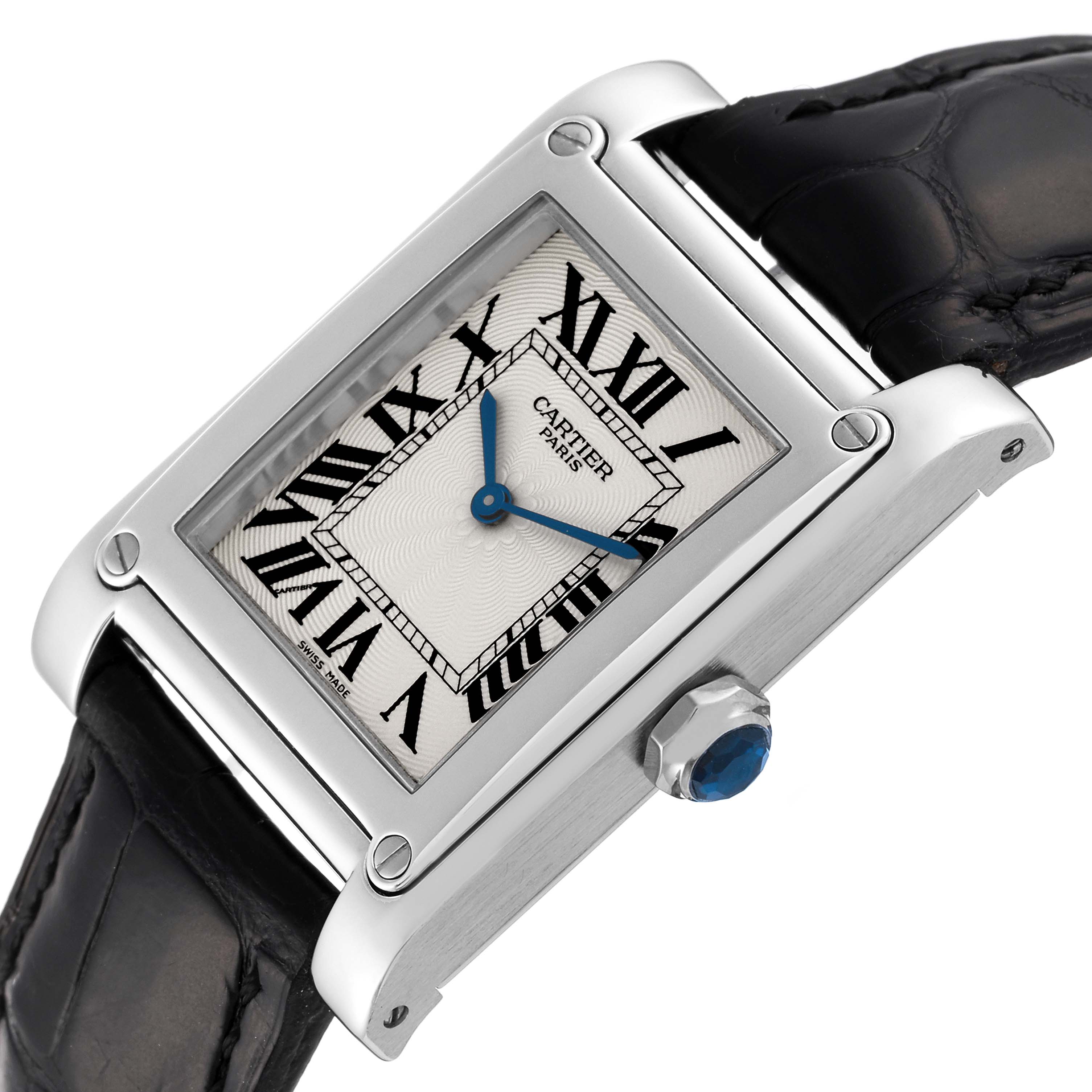 The image shows a close-up of the Cartier Tank A Vis W1539951P Men's Platinum Silver Dial W1539951P Men's Platinum Silver Dial watch, highlighting its face, crown, and part of the leather strap.