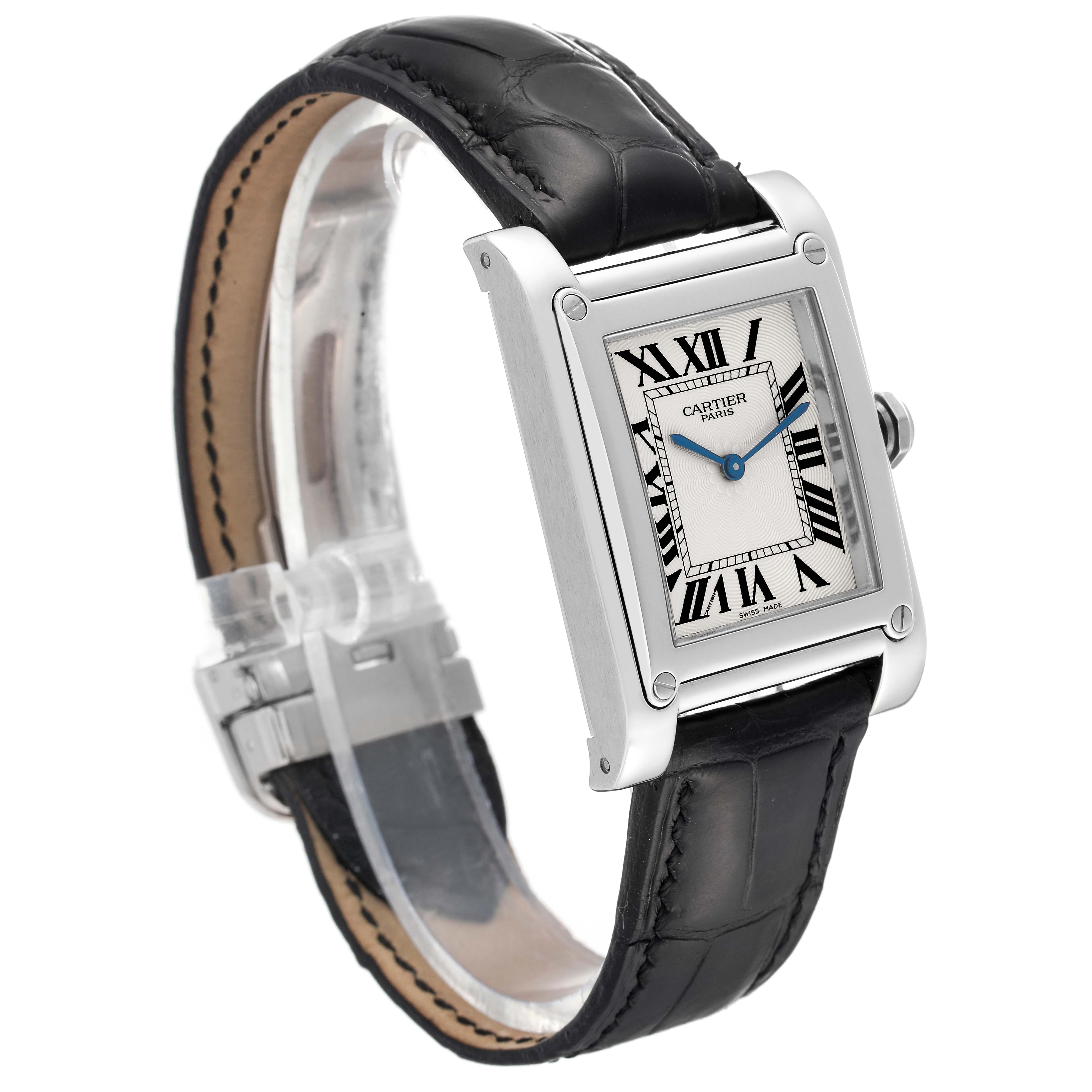 This image of the Cartier Tank A Vis W1539951P Men's Platinum Silver Dial W1539951P Men's Platinum Silver Dial model shows the watch from a three-quarter view, displaying the face, strap, and crown.