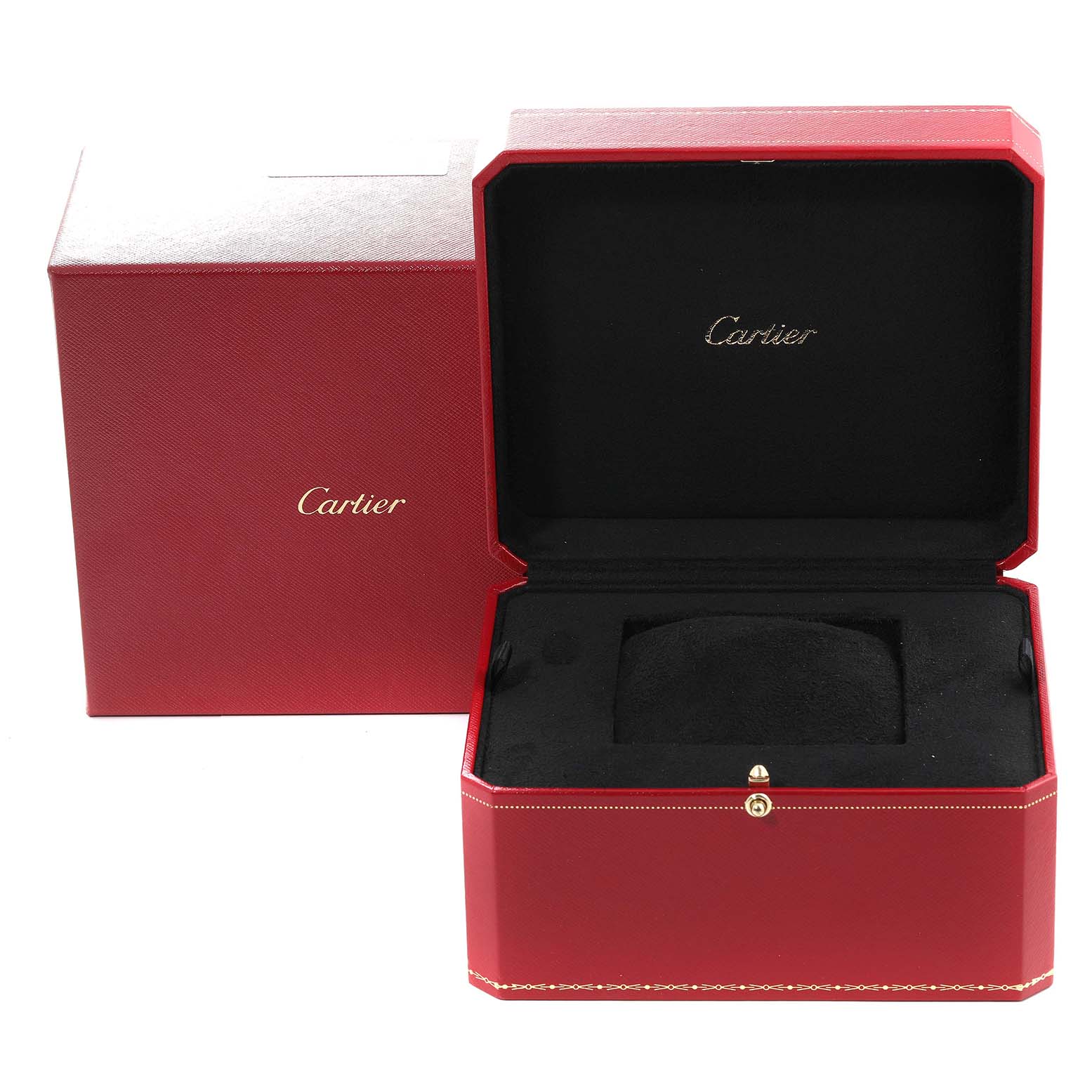 The image shows an open red Cartier box for the Tank A Vis model, with internal padding for the watch.