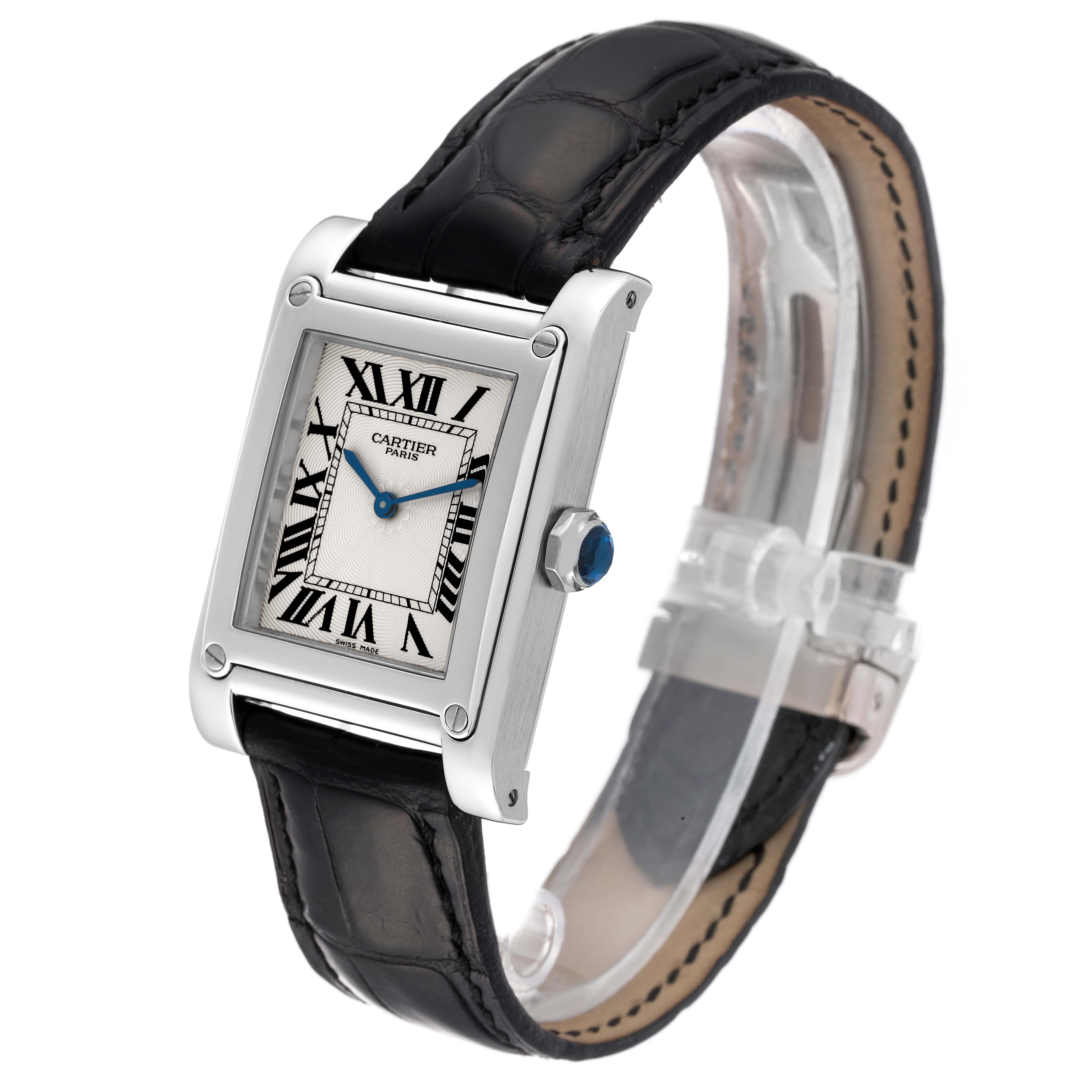 The image shows a side-angle view of a Cartier Tank A Vis W1539951P Men's Platinum Silver Dial W1539951P Men's Platinum Silver Dial watch, highlighting its rectangular face, leather strap, and crown.
