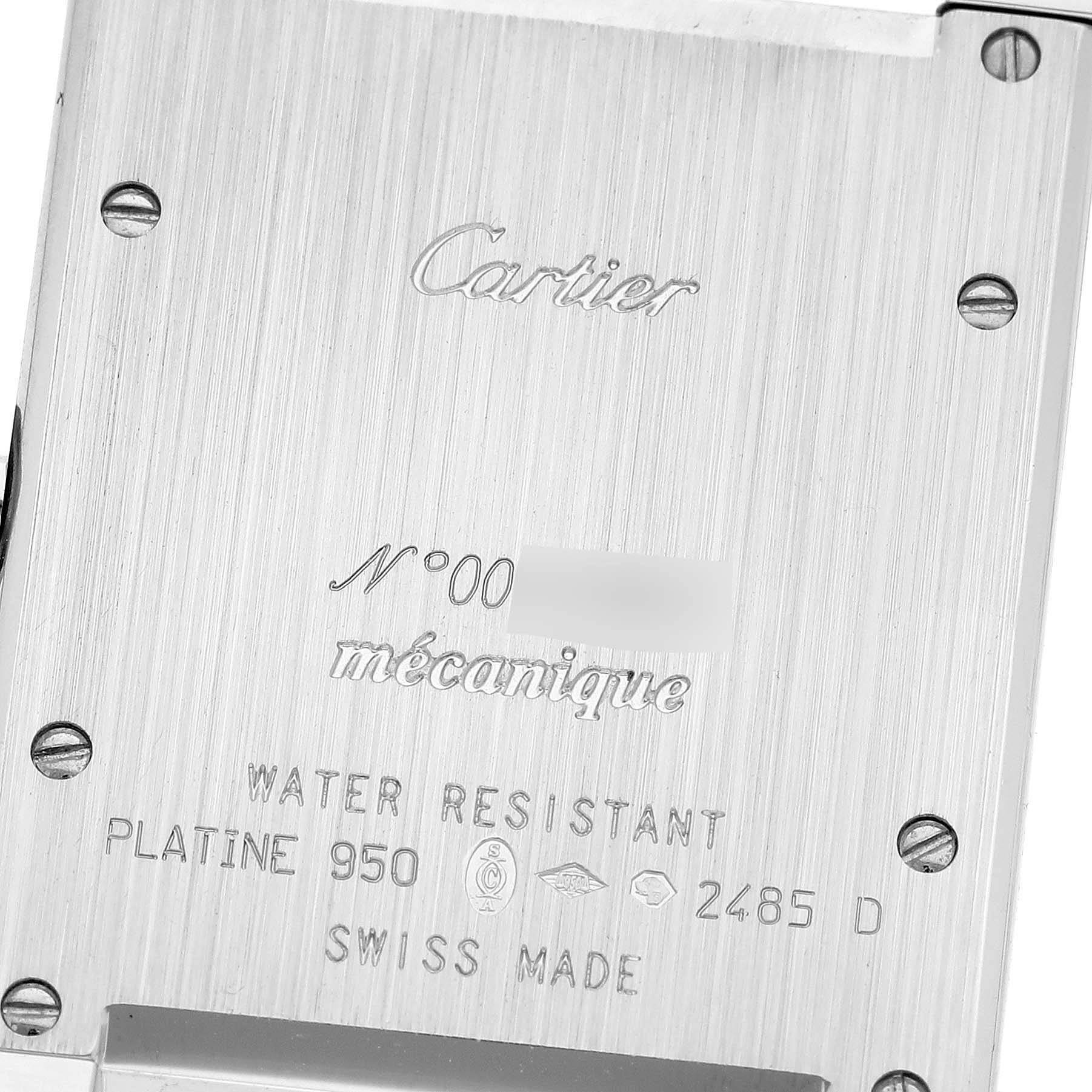 The image shows the back case of a Cartier Tank à Vis watch at a close-up angle.