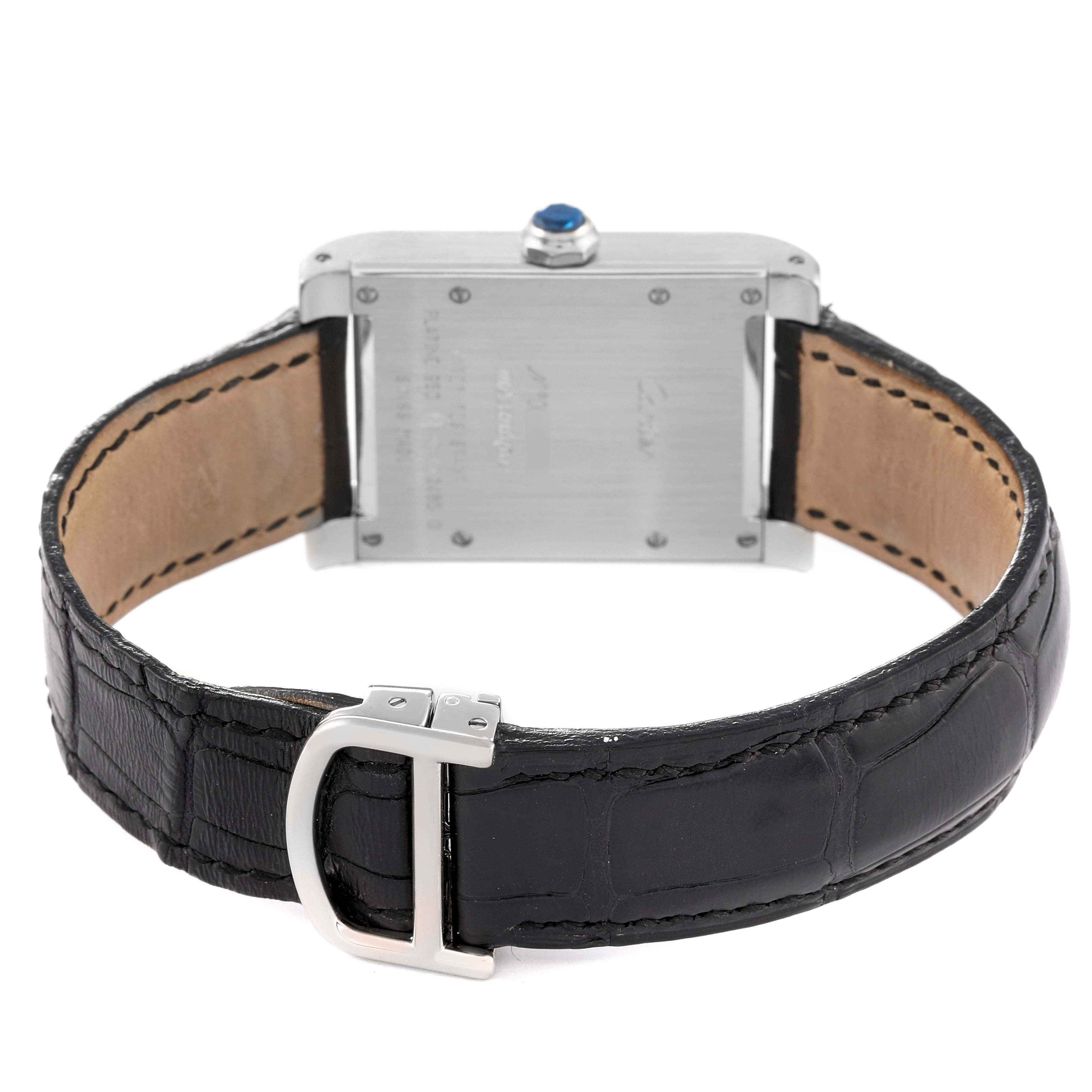 The image shows the back view of a Cartier Tank A Vis W1539951P Men's Platinum Silver Dial W1539951P Men's Platinum Silver Dial watch displaying its rear case, leather strap, and buckle.