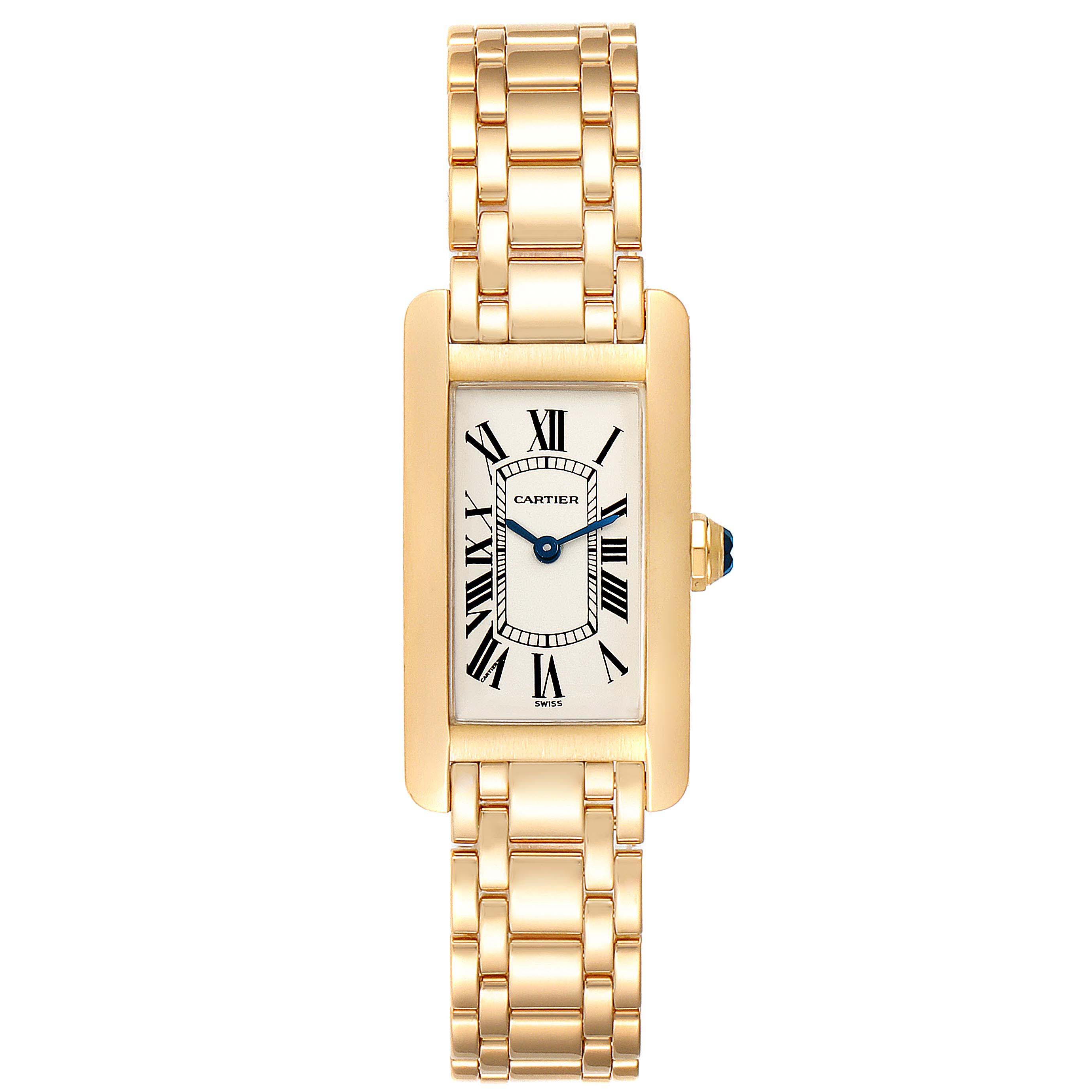 This image shows a frontal view of the Cartier Tank Americaine W26015K2 Women's Yellow Gold Silver Dial W26015K2 Women's Yellow Gold Silver Dial watch, displaying its rectangular face and gold bracelet.
