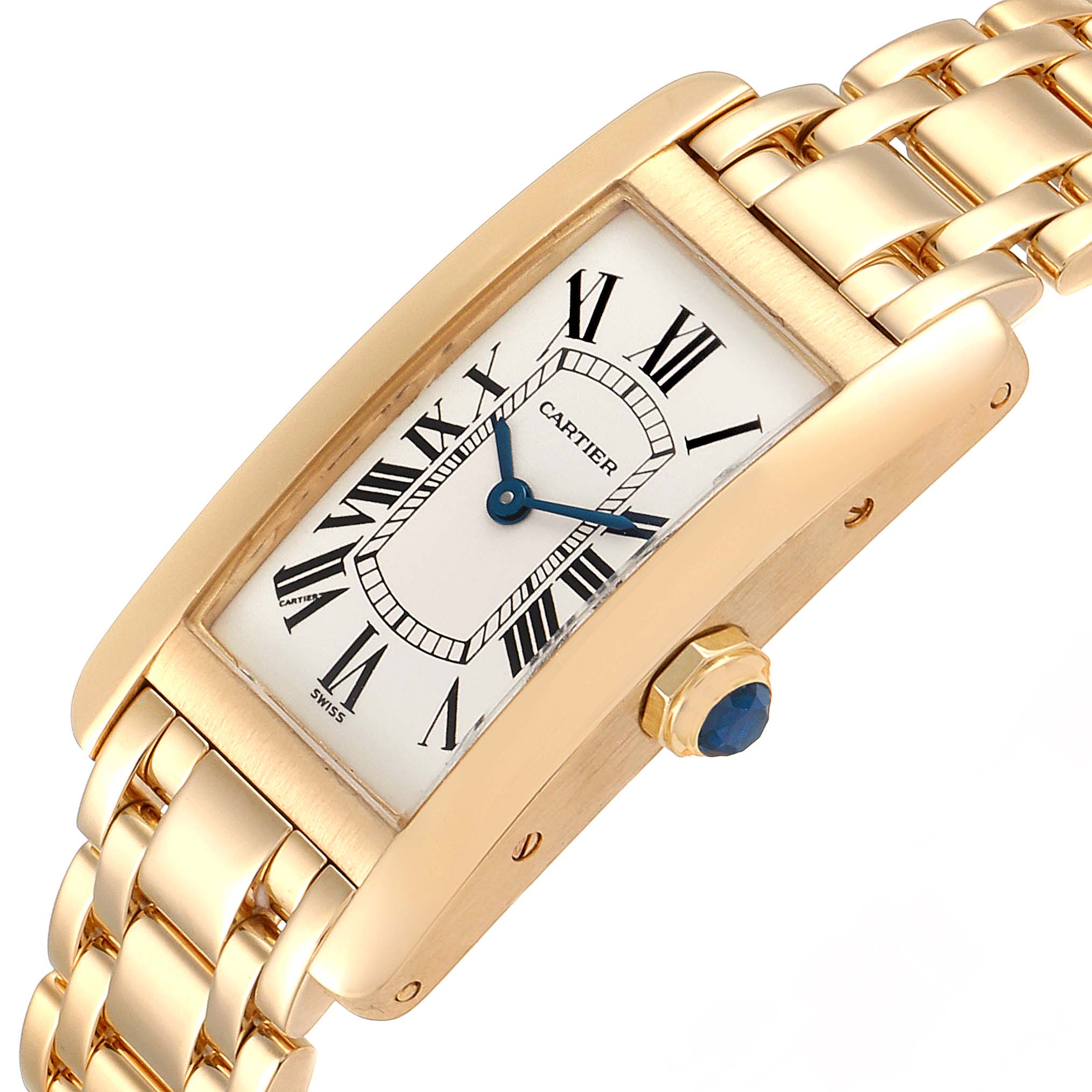 The Cartier Tank Americaine W26015K2 Women's Yellow Gold Silver Dial W26015K2 Women's Yellow Gold Silver Dial watch is shown at an angle displaying its face, crown, and part of the bracelet.