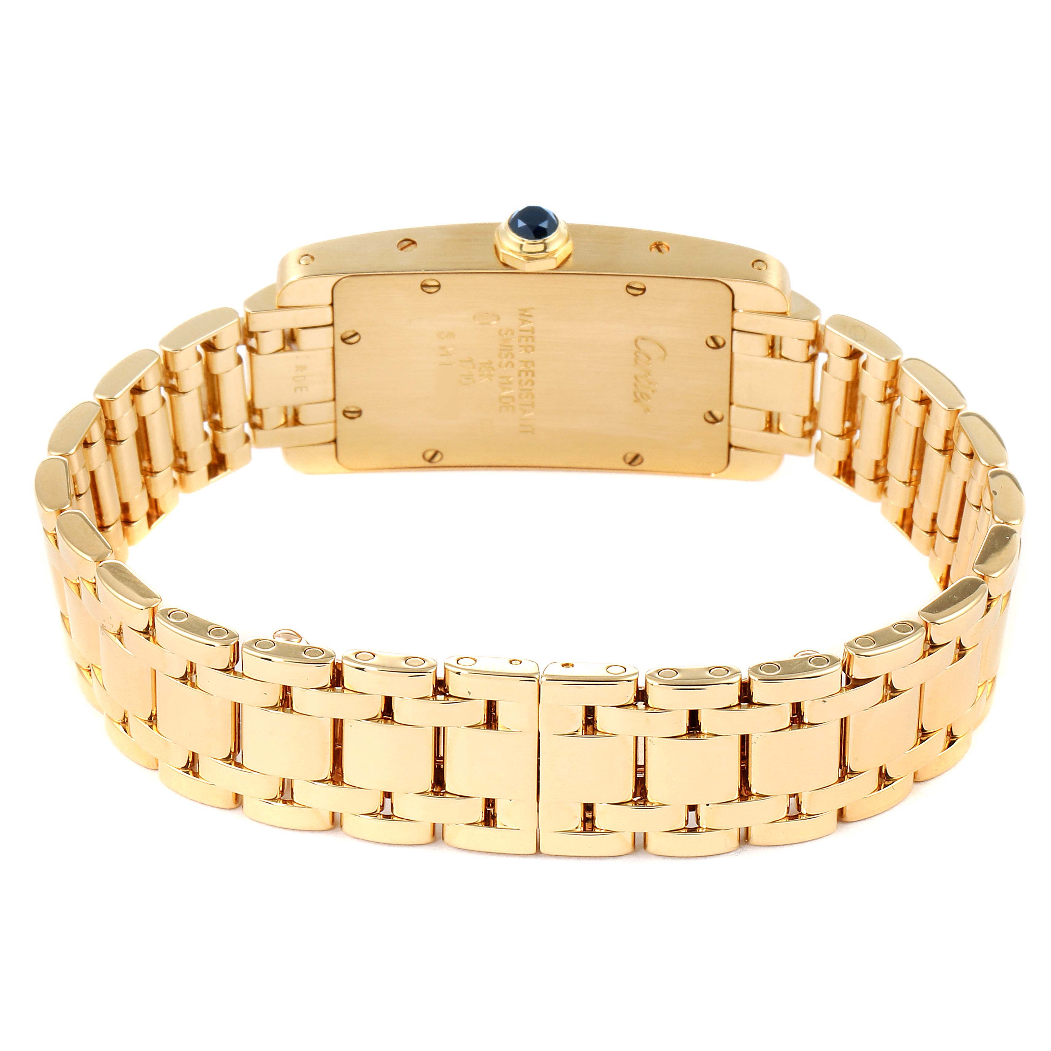 The image shows the back view of a Cartier Tank Americaine W26015K2 Women's Yellow Gold Silver Dial W26015K2 Women's Yellow Gold Silver Dial watch, highlighting the case back and gold bracelet.