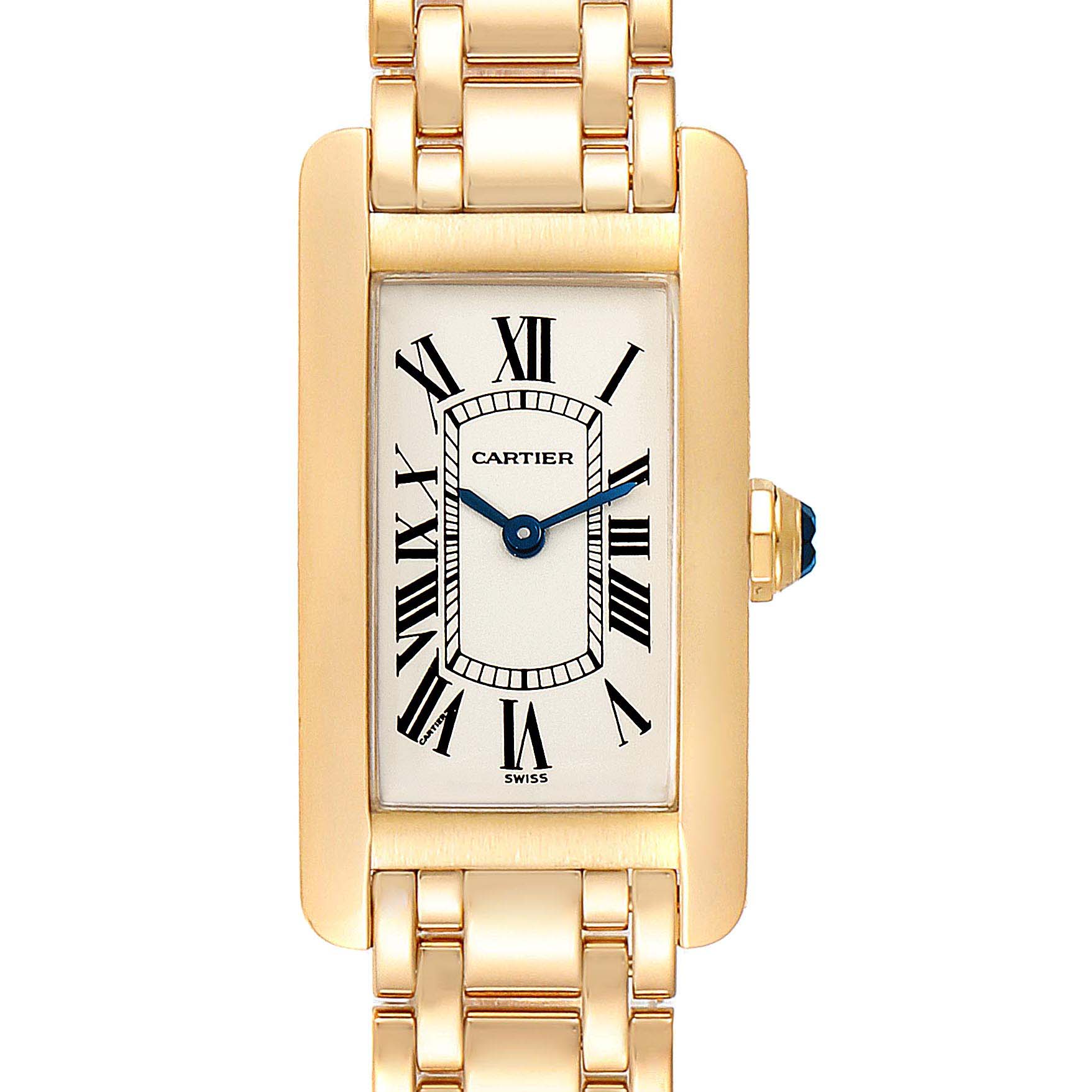 This is a frontal view of the Cartier Tank Americaine W26015K2 Women's Yellow Gold Silver Dial W26015K2 Women's Yellow Gold Silver Dial watch, showing the face, bezel, and part of the bracelet.