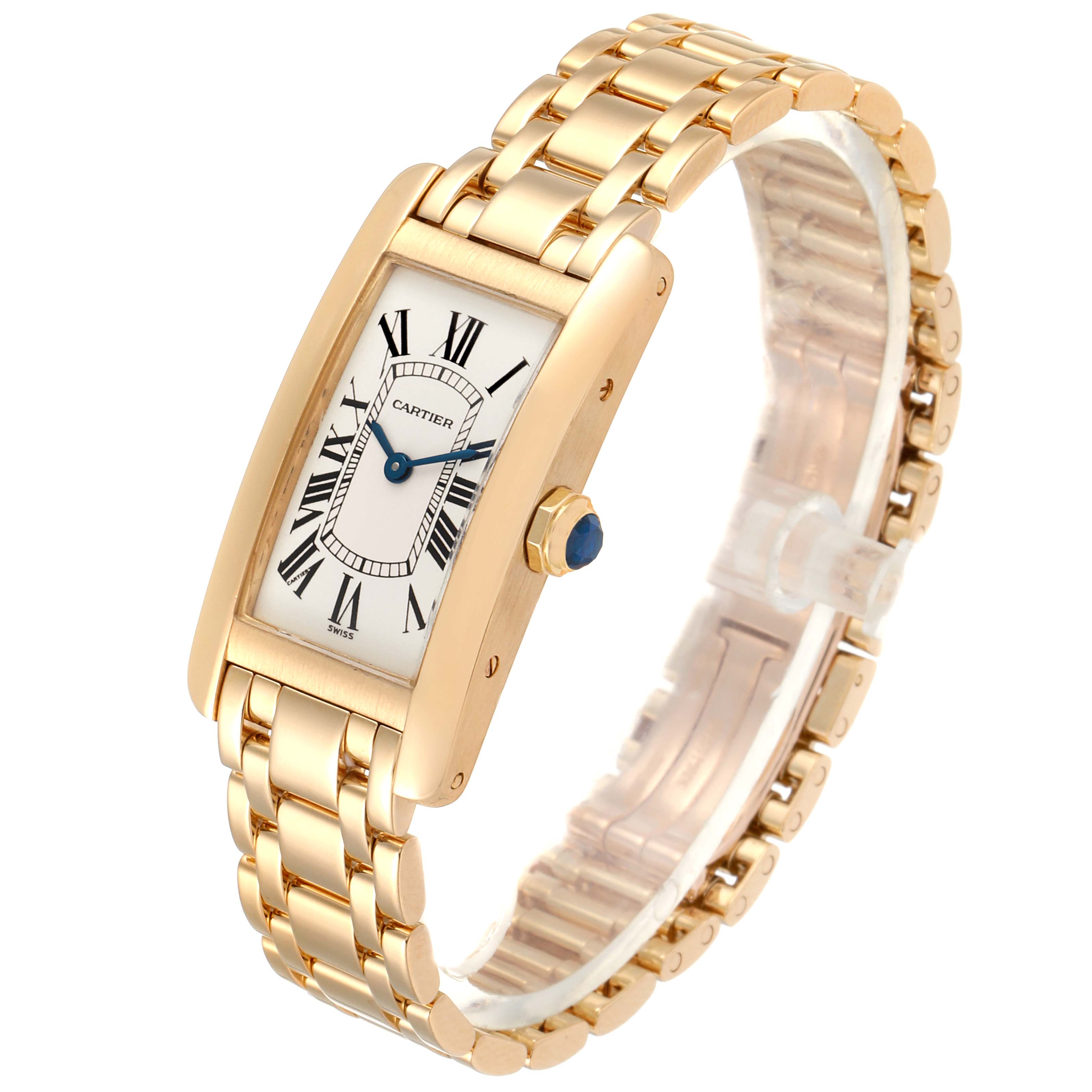 The Cartier Tank Americaine W26015K2 Women's Yellow Gold Silver Dial W26015K2 Women's Yellow Gold Silver Dial watch is shown at an angled view, highlighting the face, bracelet, and crown.
