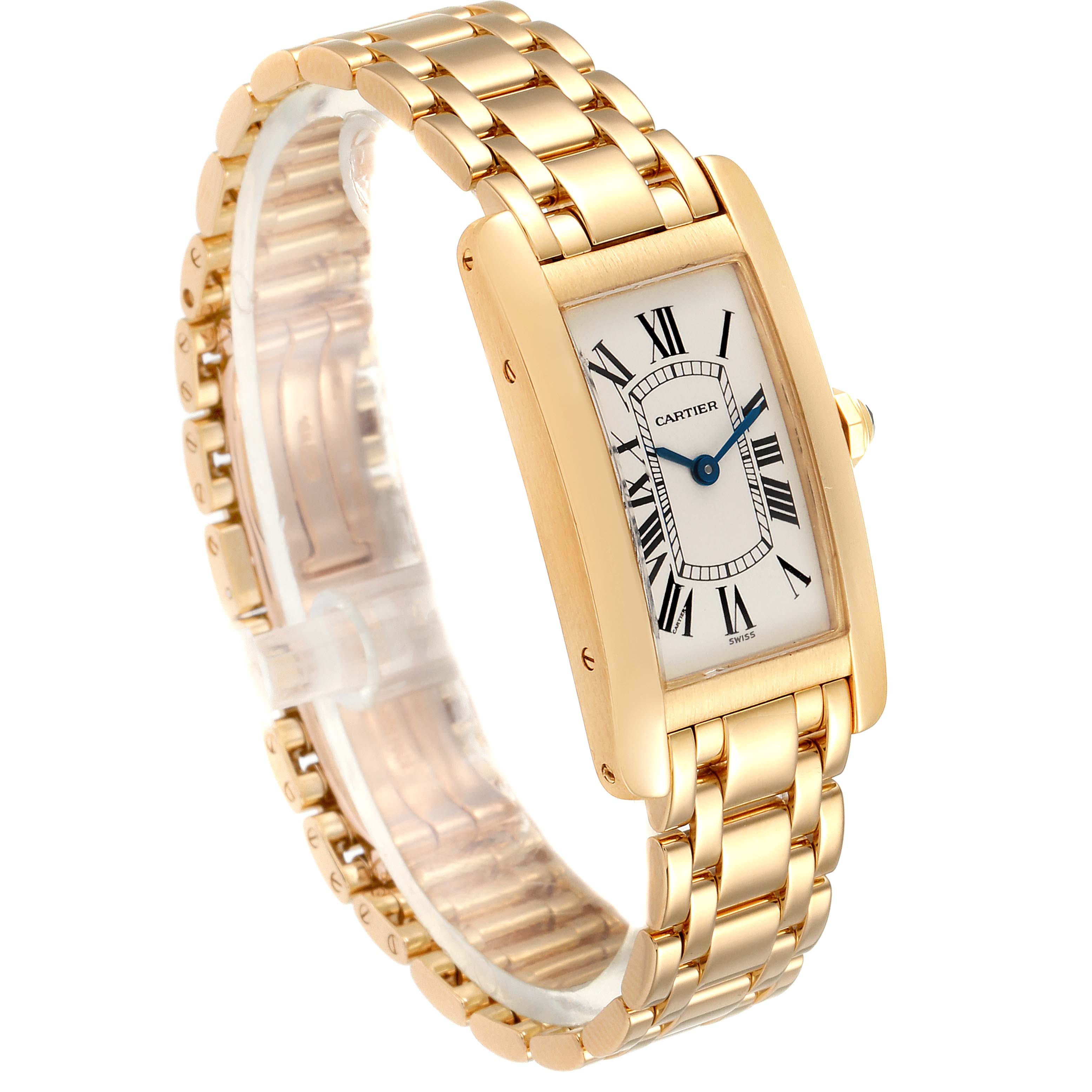This image shows a side angle of a Cartier Tank Americaine W26015K2 Women's Yellow Gold Silver Dial W26015K2 Women's Yellow Gold Silver Dial watch, highlighting its gold rectangular case and bracelet.