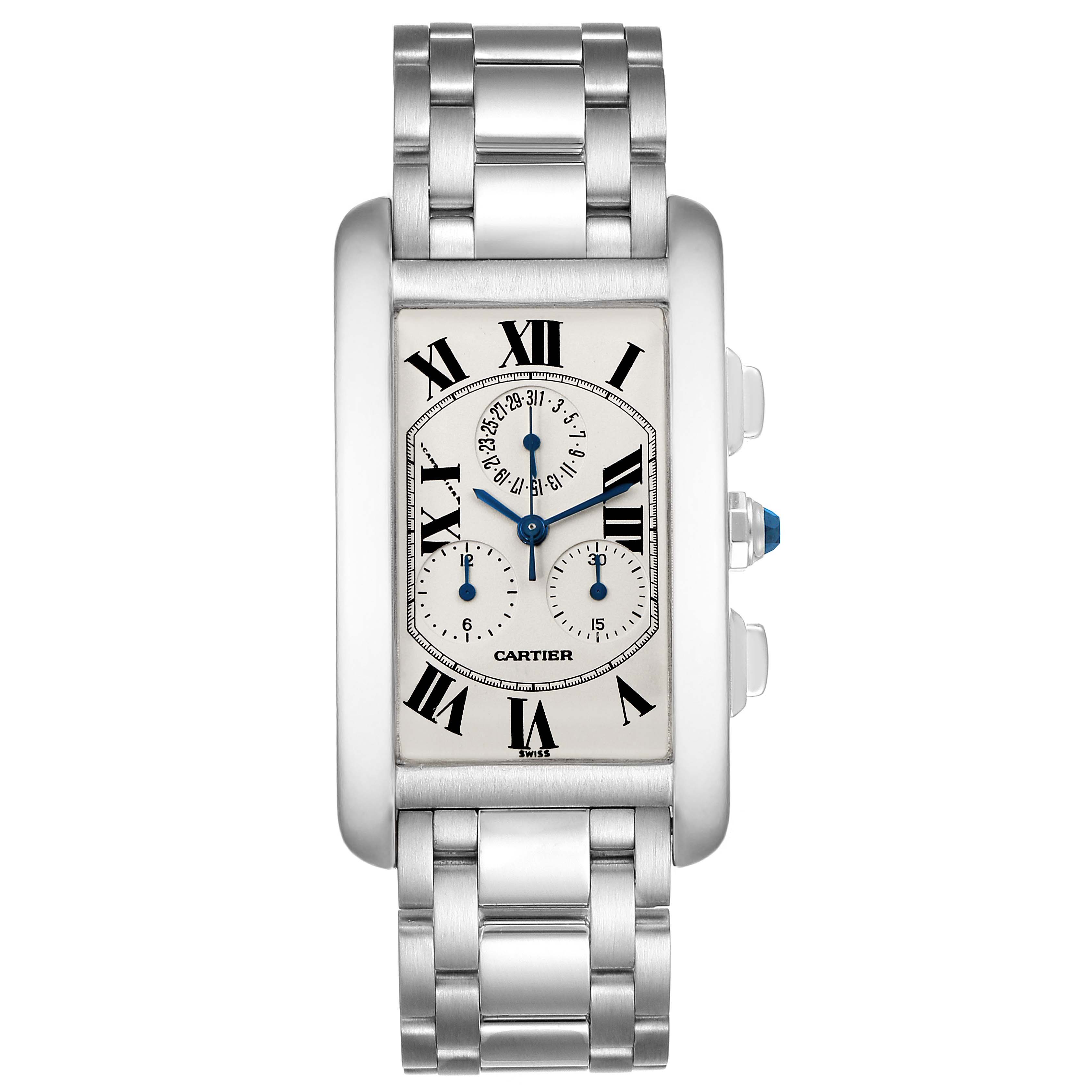 The image shows a frontal view of the Cartier Tank Americaine W26033L1 Men's White Gold Silver Dial W26033L1 Men's White Gold Silver Dial watch, highlighting its face, bracelet, and side buttons.