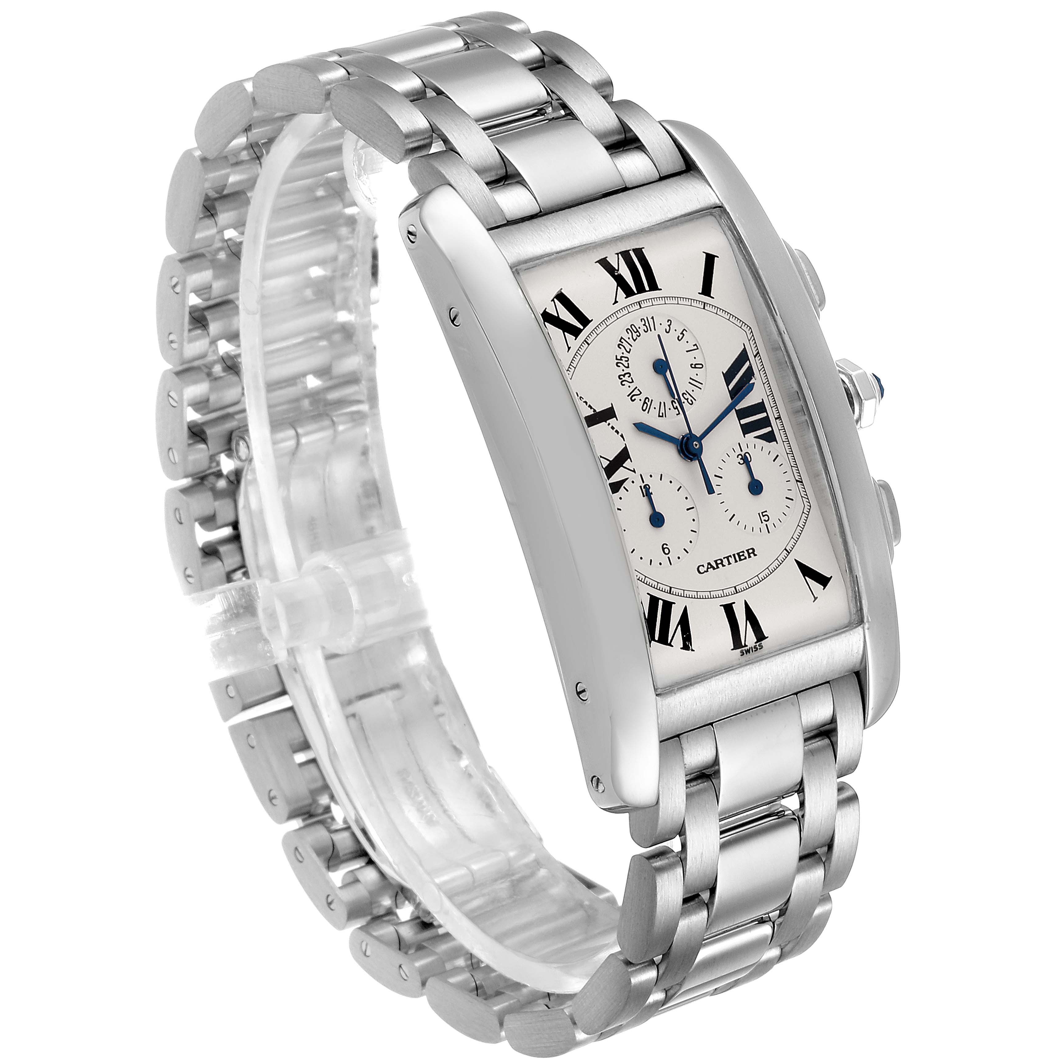 The Cartier Tank Americaine W26033L1 Men's White Gold Silver Dial W26033L1 Men's White Gold Silver Dial watch is shown at a three-quarter angle, highlighting the dial, bracelet, and side profile with buttons.