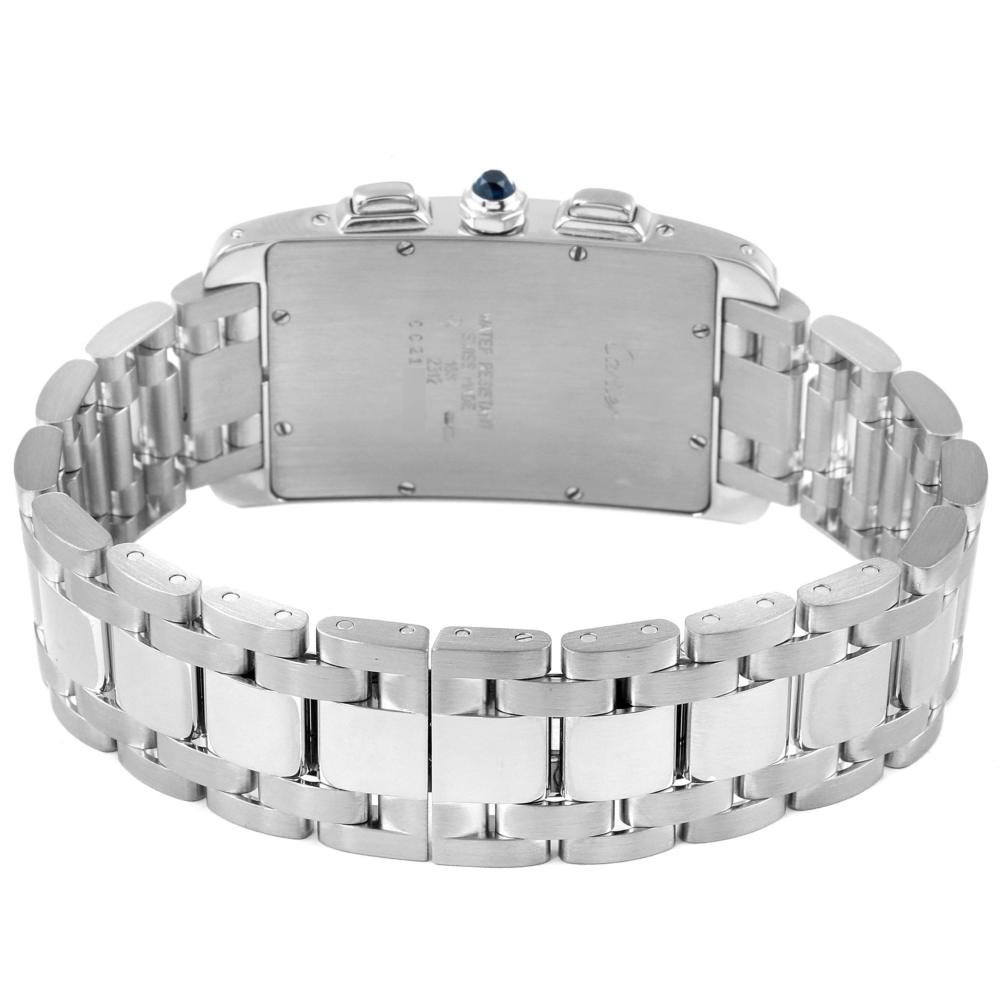 This Cartier Tank Americaine W26033L1 Men's White Gold Silver Dial W26033L1 Men's White Gold Silver Dial watch is shown from the back, highlighting the stainless steel bracelet and case back.