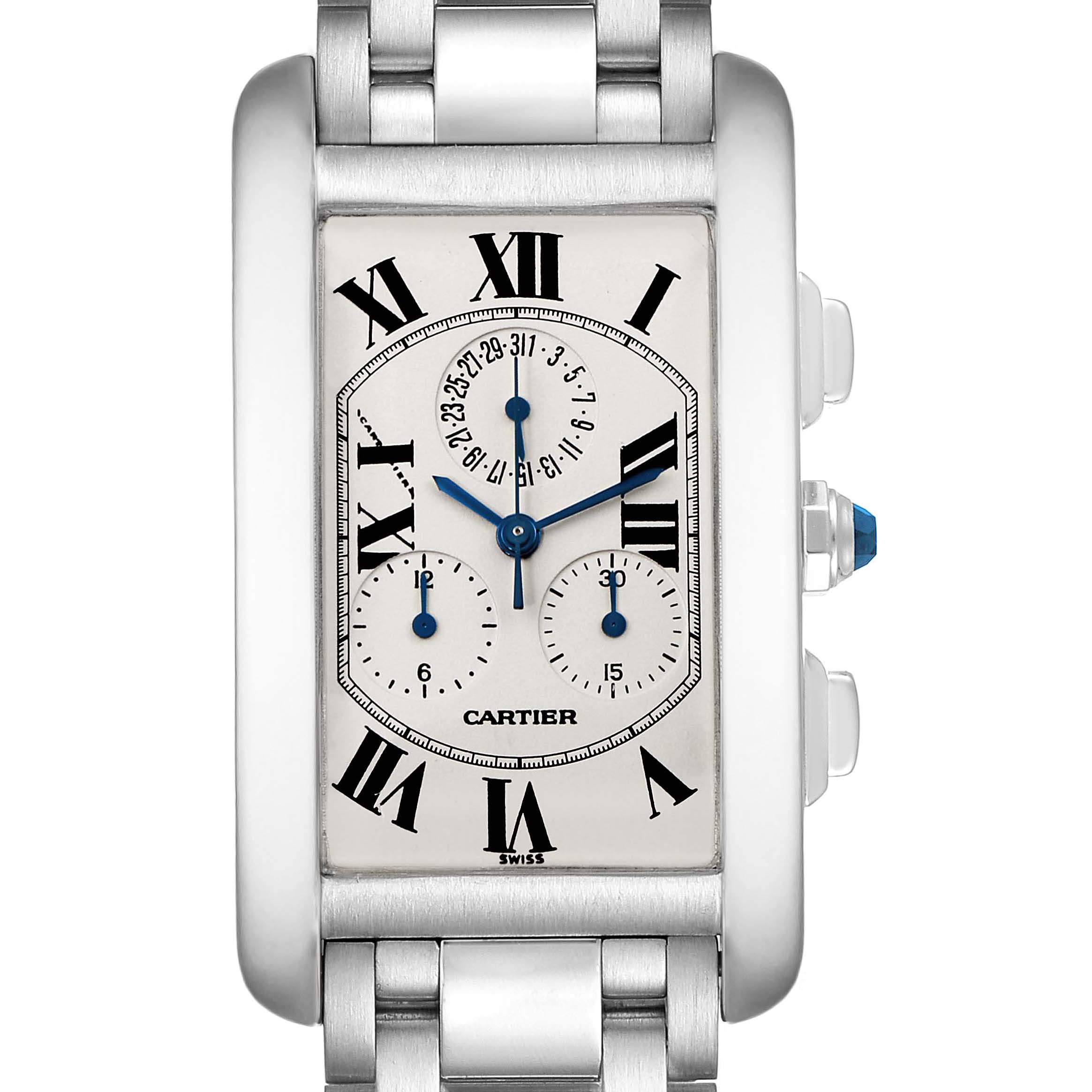 The Cartier Tank Americaine W26033L1 Men's White Gold Silver Dial W26033L1 Men's White Gold Silver Dial watch is shown from a top-down angle, displaying its face, Roman numerals, subdials, and metal bracelet.