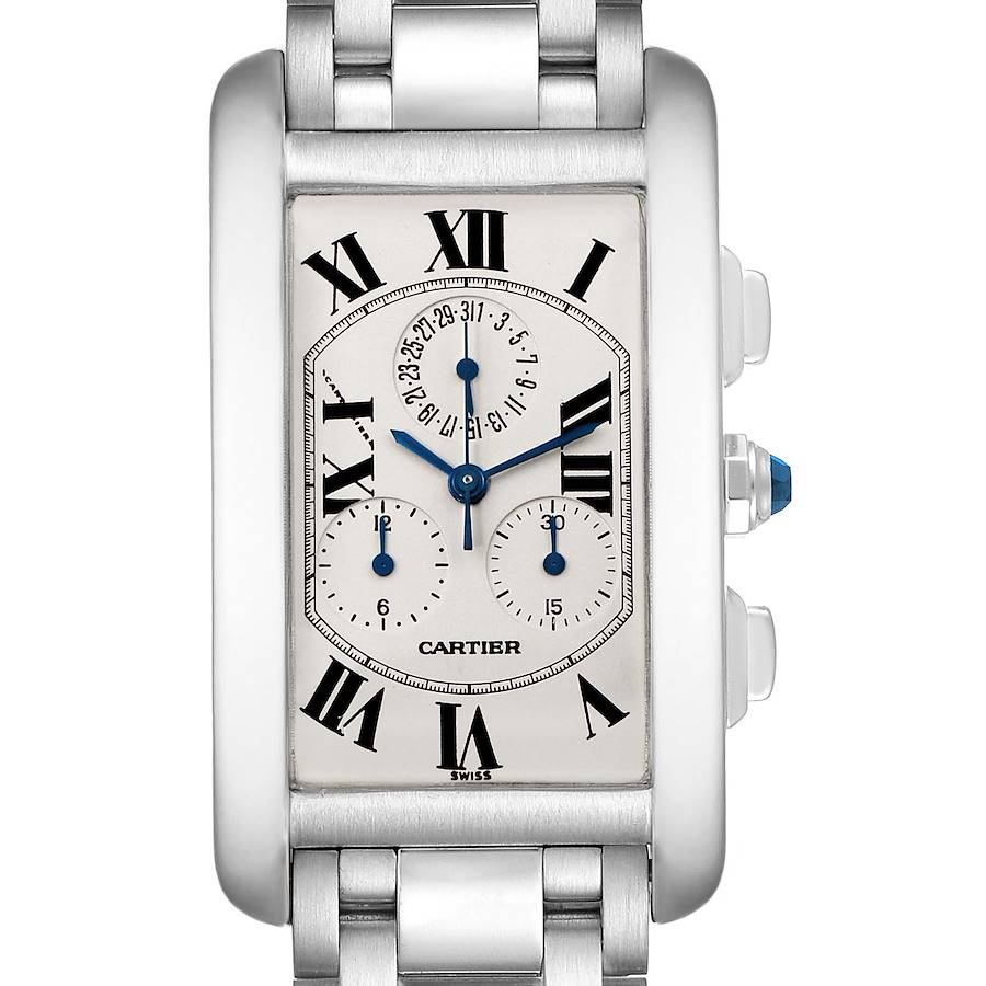 Cartier Tank Americaine Chronograph White Gold Mens Watch W26033L1 SwissWatchExpo
