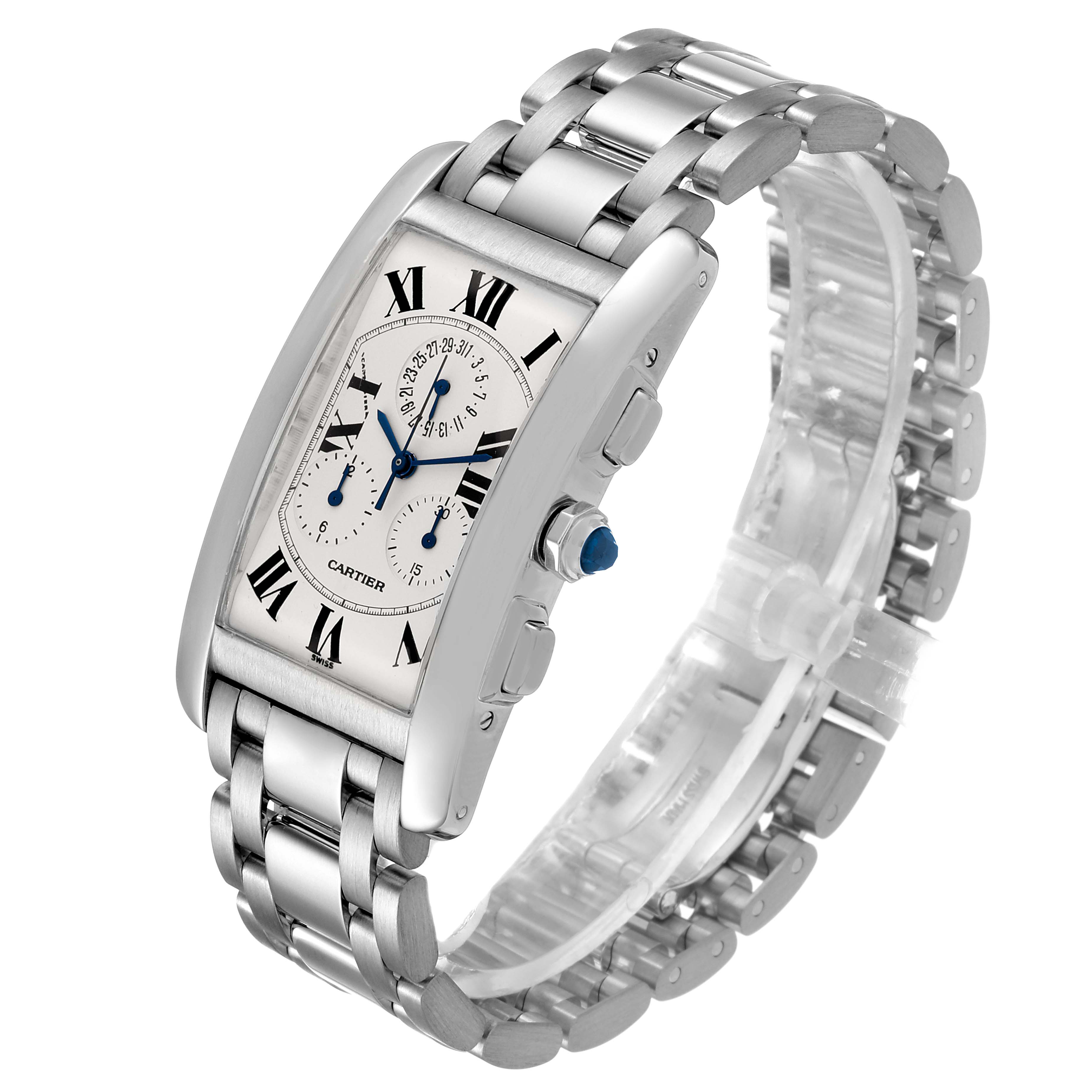 The image shows a side angle of the Cartier Tank Americaine W26033L1 Men's White Gold Silver Dial W26033L1 Men's White Gold Silver Dial watch, highlighting its bracelet, casing, and dial.