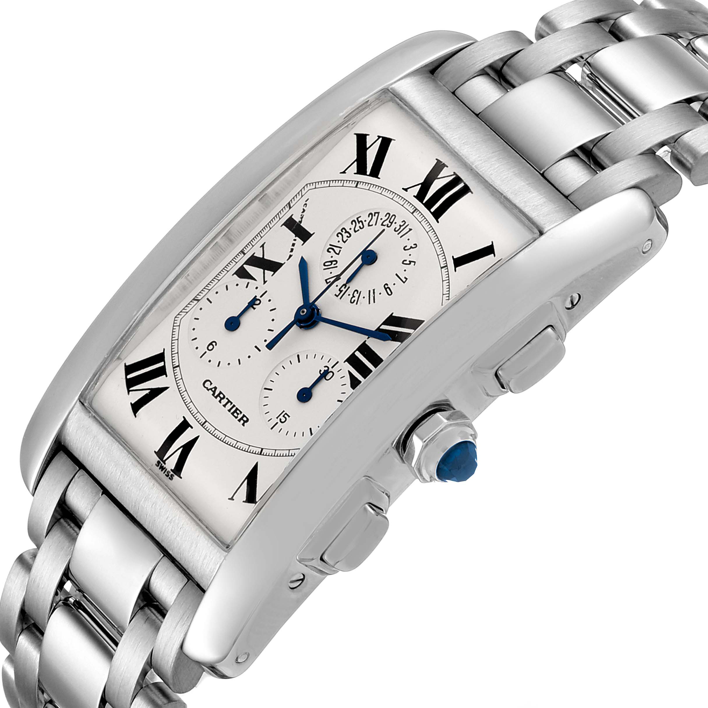 The image shows a Cartier Tank Américaine watch at an angle highlighting its face, Roman numerals, blue hands, and steel bracelet.