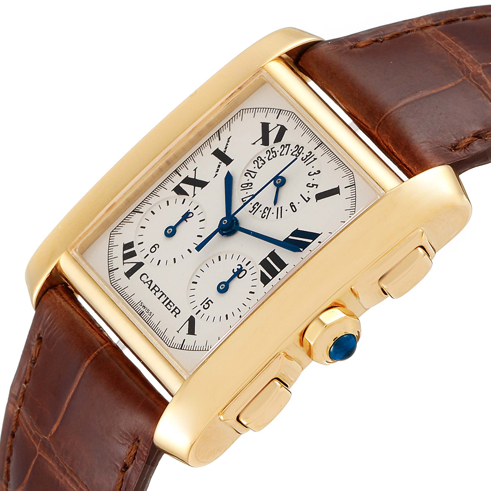 The image shows a Cartier Tank Francaise W5000556 Men's Yellow Gold Silver Dial W5000556 Men's Yellow Gold Silver Dial watch at a slight angle, highlighting its dial, case, and brown leather strap.