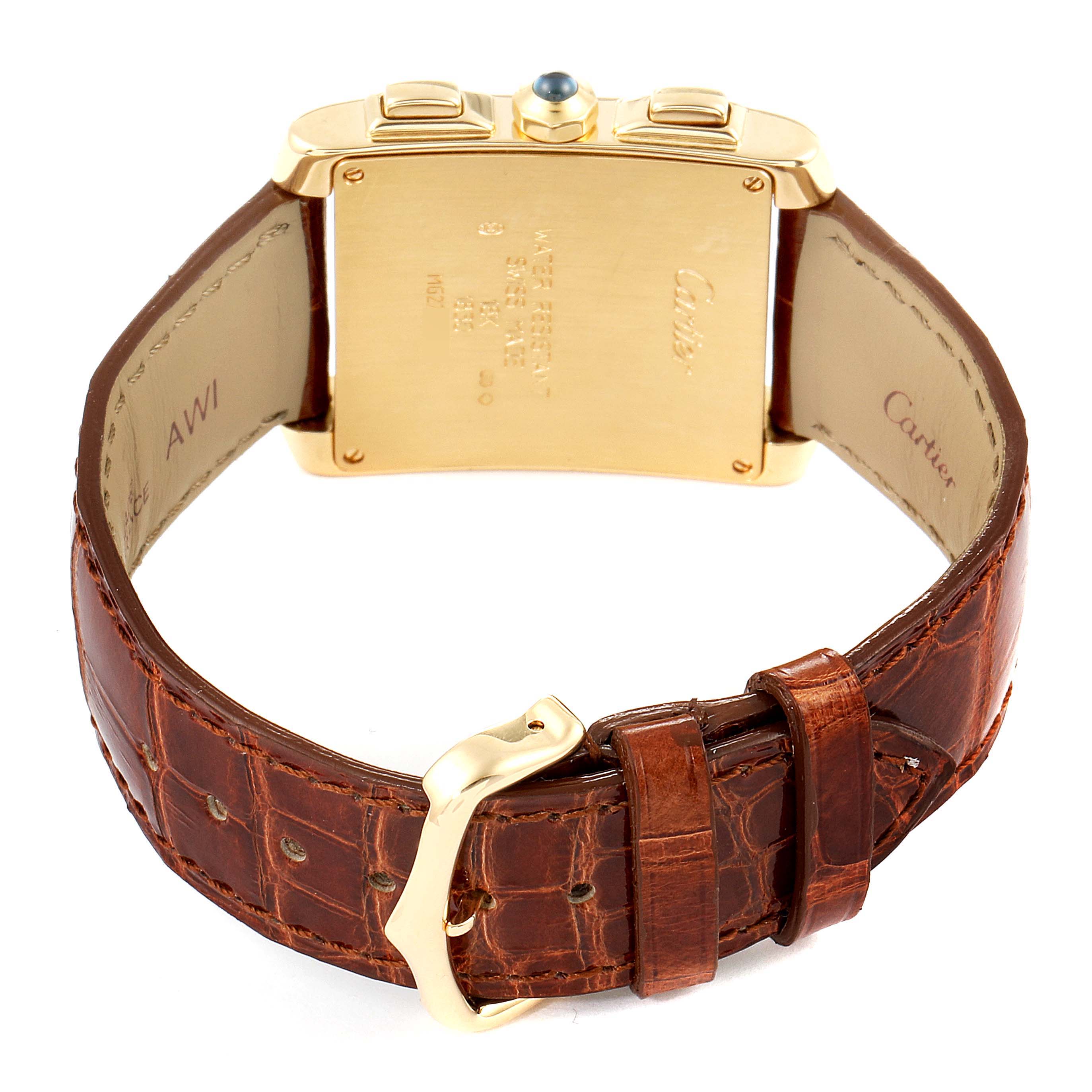 The image shows the back of a Cartier Tank Francaise W5000556 Men's Yellow Gold Silver Dial W5000556 Men's Yellow Gold Silver Dial watch, featuring its gold case and brown leather strap with buckle.