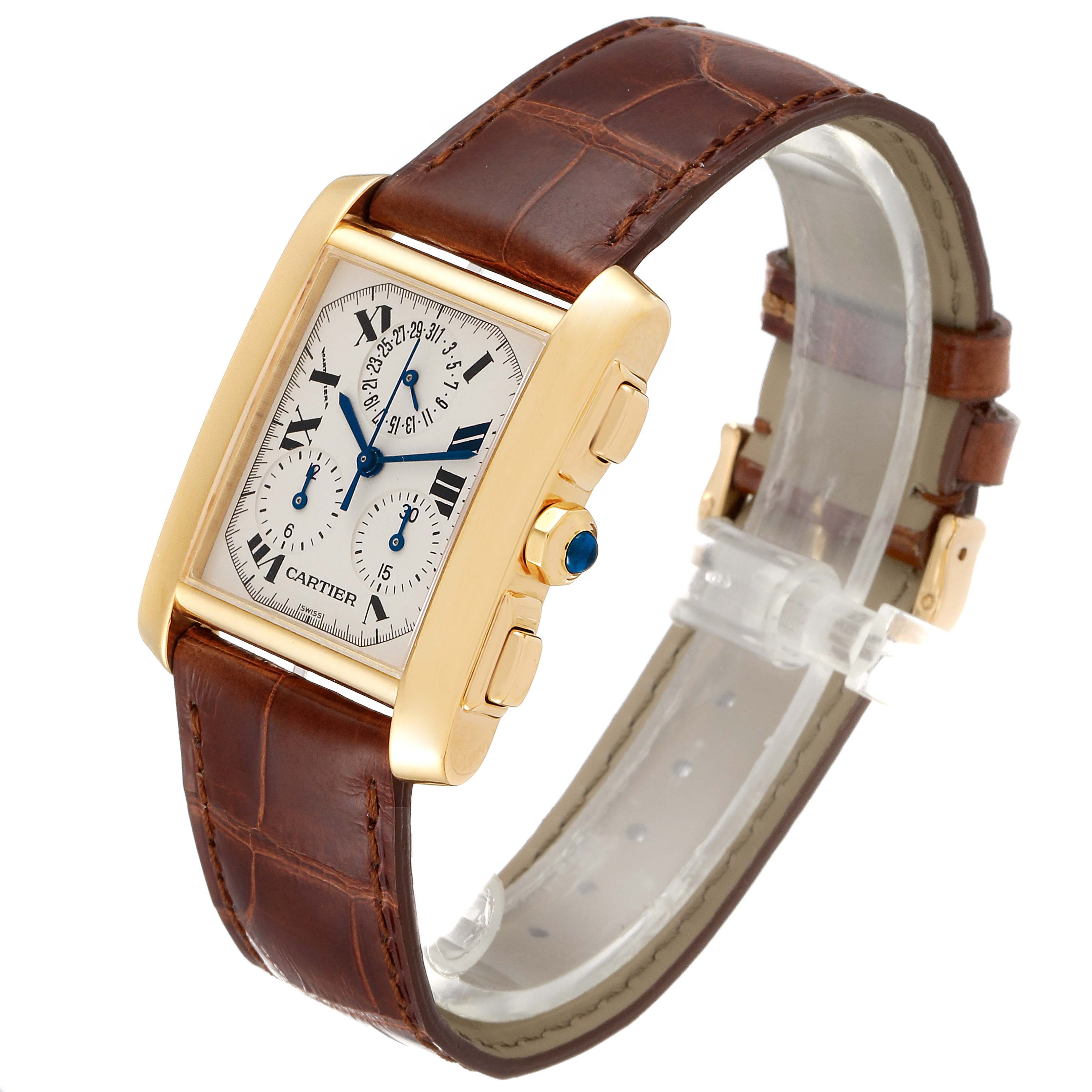 The Cartier Tank Francaise W5000556 Men's Yellow Gold Silver Dial W5000556 Men's Yellow Gold Silver Dial watch is shown at a three-quarter angle, displaying its brown leather strap, gold case, and rectangular dial.