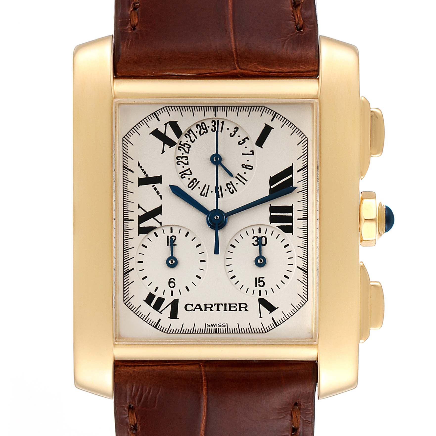 The Cartier Tank Francaise W5000556 Men's Yellow Gold Silver Dial W5000556 Men's Yellow Gold Silver Dial watch is shown from a top view, highlighting its rectangular dial, brown strap, and side buttons.