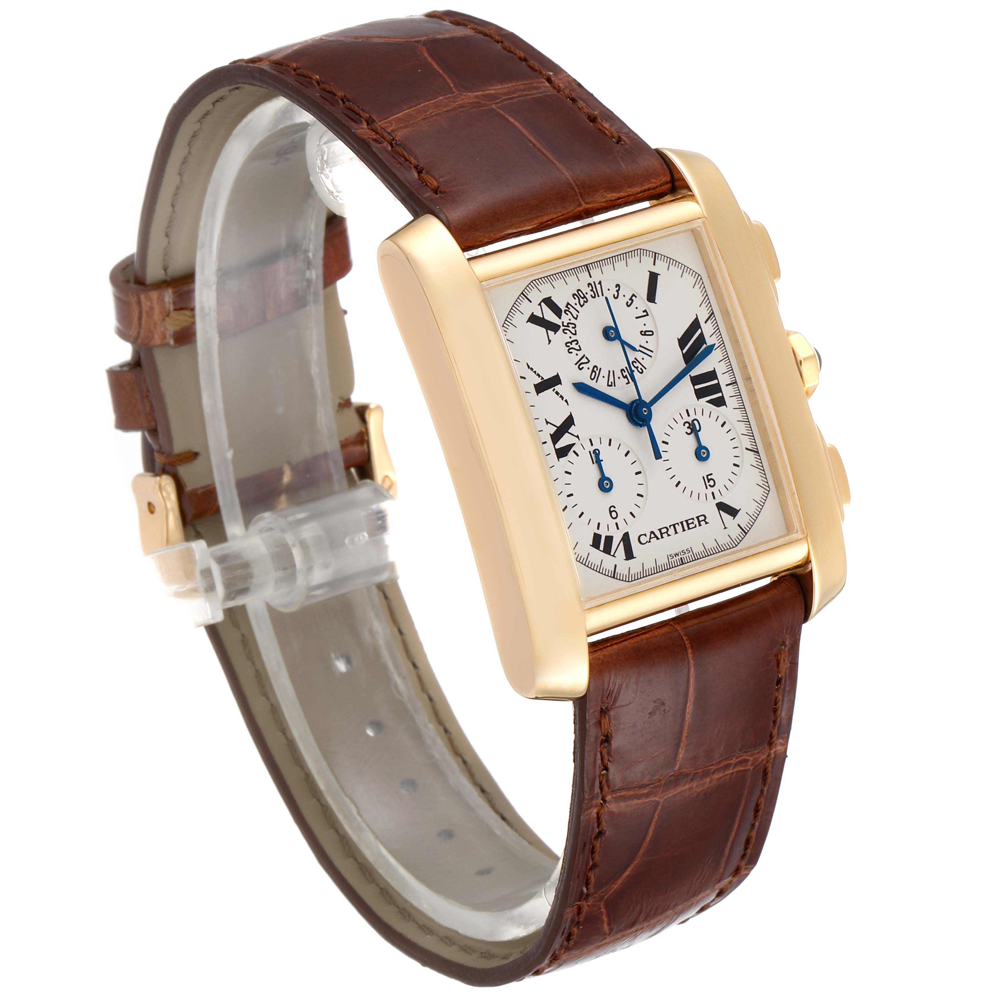 This Cartier Tank Française watch is shown at an angled side view, displaying its brown leather strap and gold rectangular case.