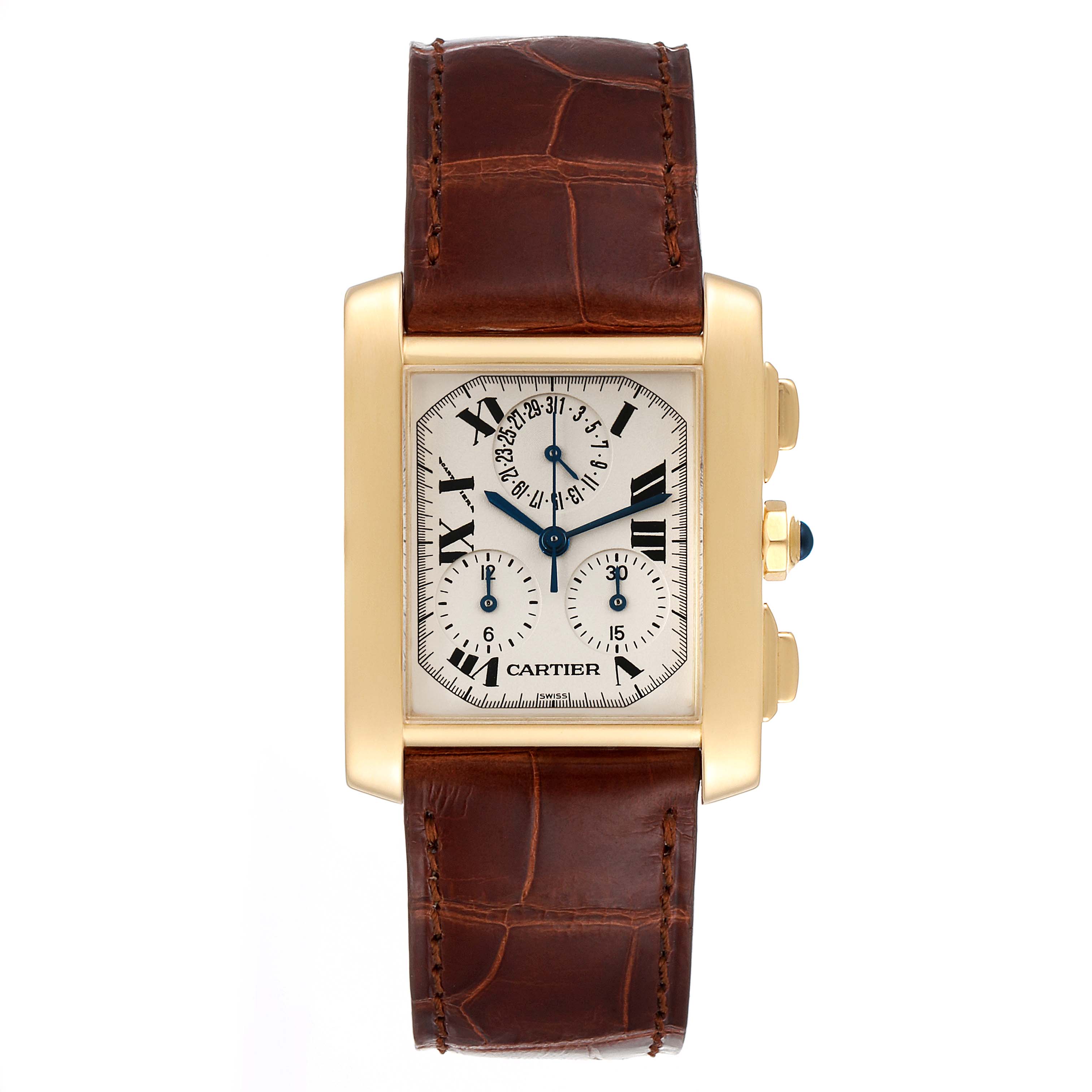This image shows a front view of a Cartier Tank Francaise W5000556 Men's Yellow Gold Silver Dial W5000556 Men's Yellow Gold Silver Dial watch with a brown leather strap and gold case.