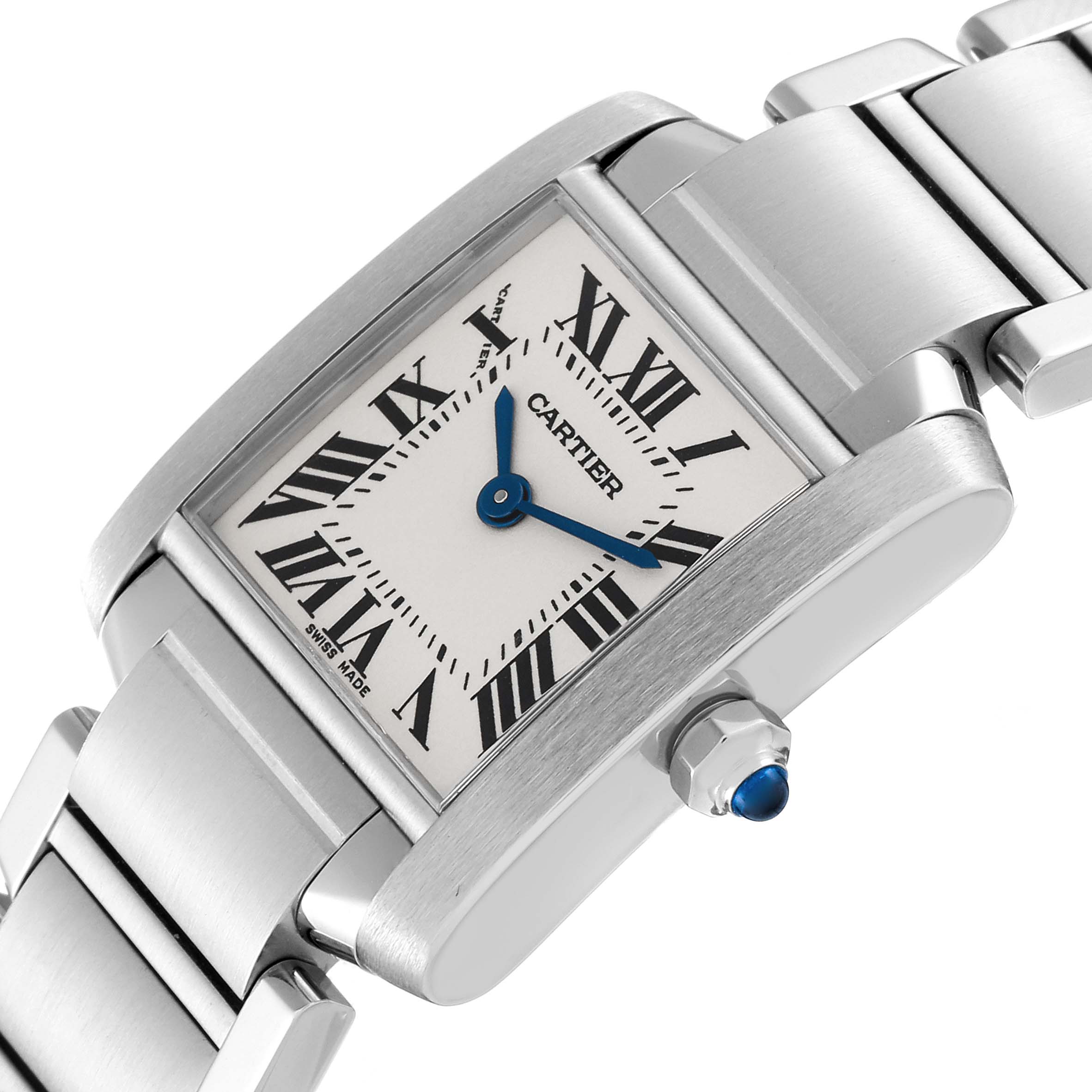 This image shows a Cartier Tank Francaise W51008Q3 Women
s Stainless Steel Silver Dial W51008Q3 Women
s Stainless Steel Silver Dial model watch from an angled view, highlighting its face, crown, and stainless steel bracelet.