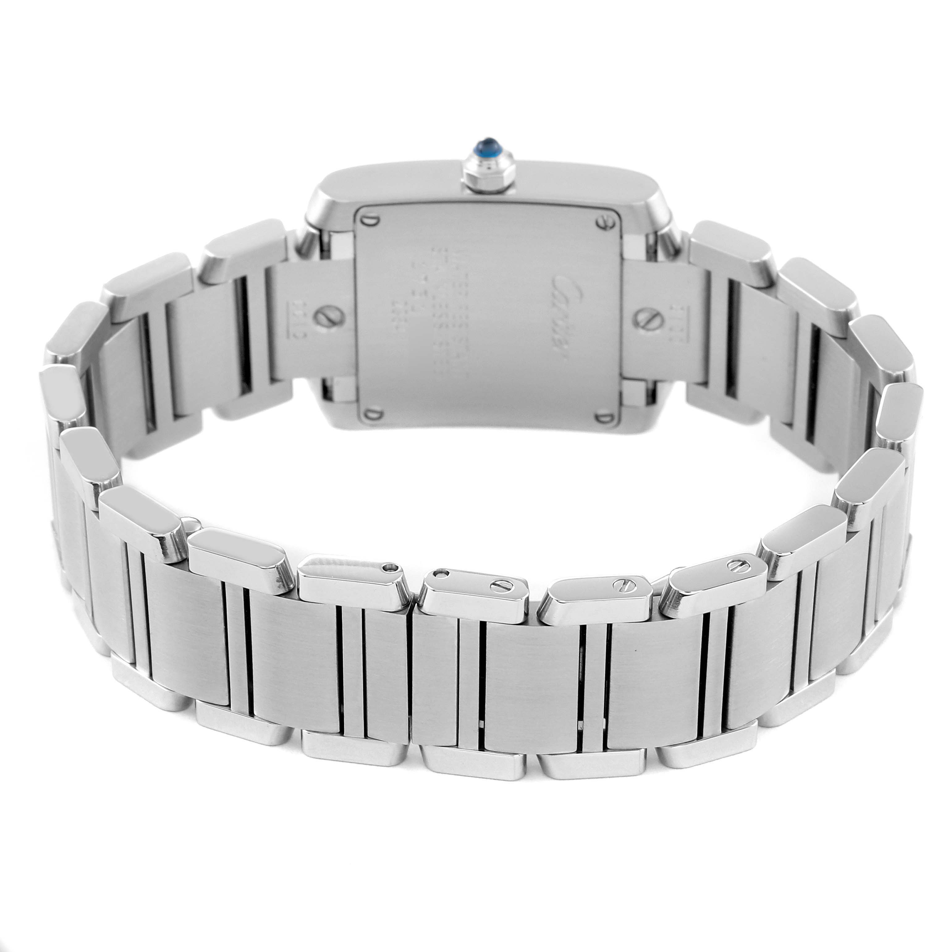 The image shows the back view of a Cartier Tank Francaise W51008Q3 Women
s Stainless Steel Silver Dial W51008Q3 Women
s Stainless Steel Silver Dial watch, highlighting its stainless steel bracelet and caseback with engraving.