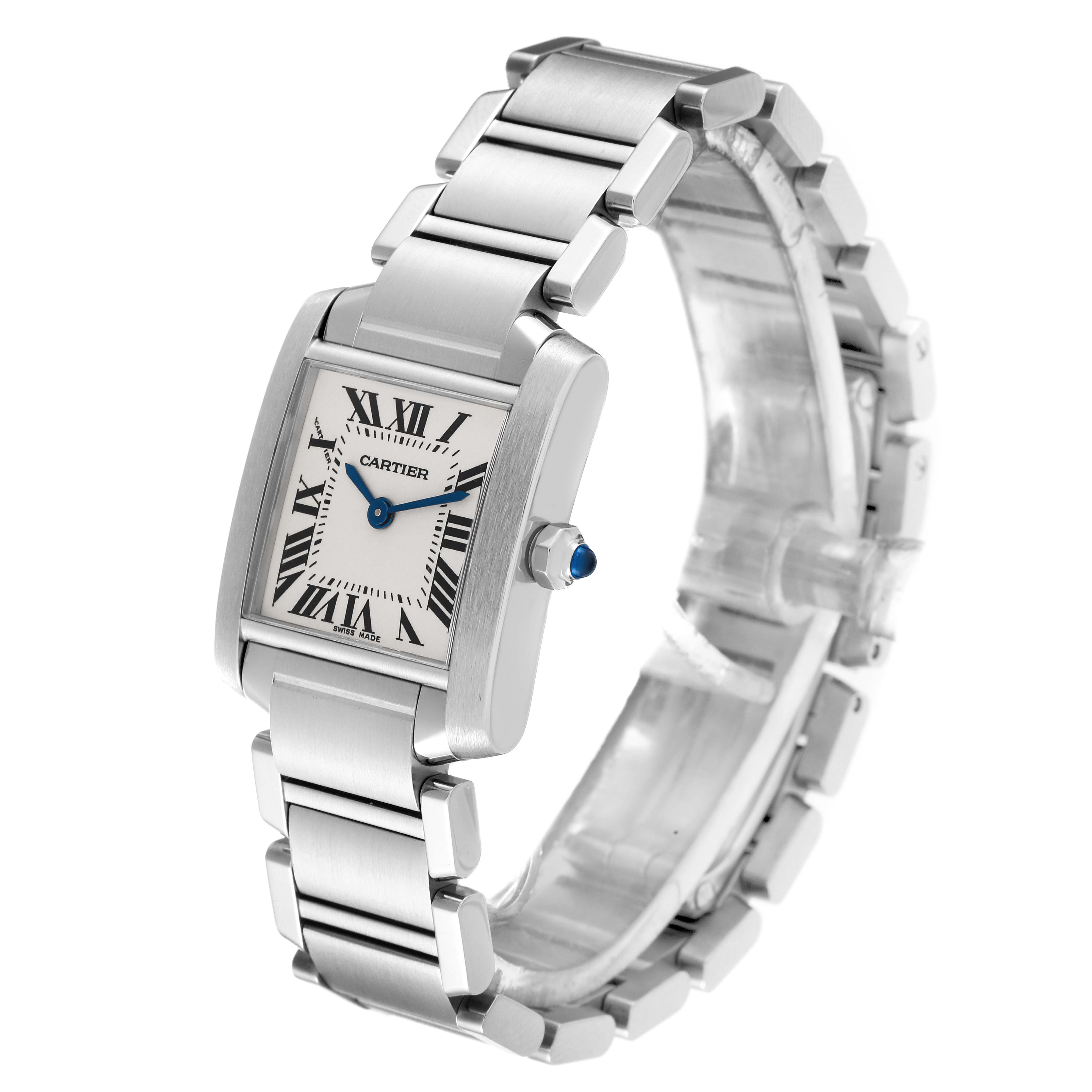 The image shows a Tank Francaise watch by Cartier, viewed from an angled perspective, highlighting its face, crown, and bracelet.