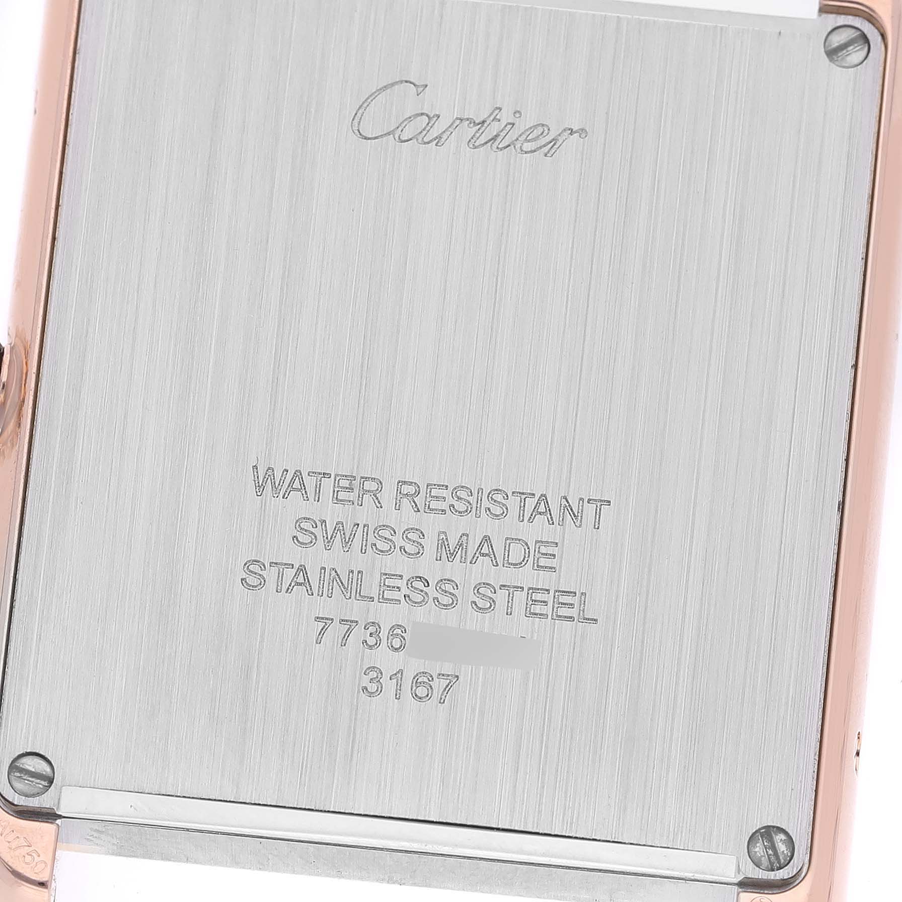 This image shows the back case of a Cartier Tank Solo W5200025 Men
s Steel and Gold (two tone) Silver Dial W5200025 Men
s Steel and Gold (two tone) Silver Dial watch, highlighting its water resistance, Swiss make, and stainless steel composition.