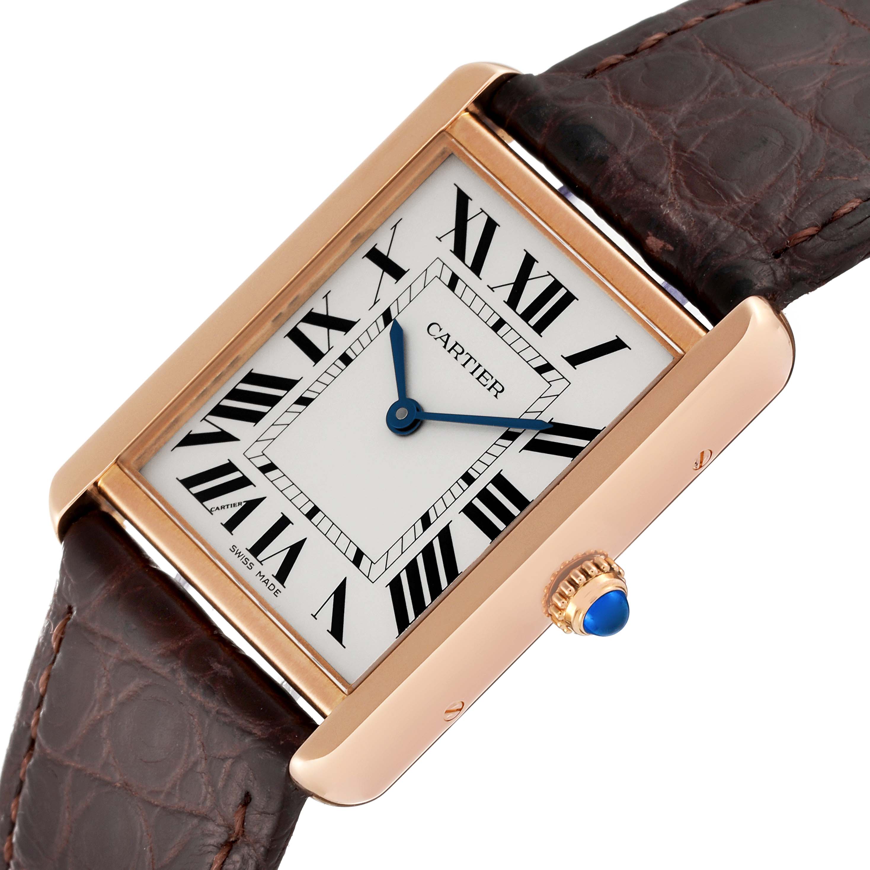 This image shows a Cartier Tank Solo W5200025 Men
s Steel and Gold (two tone) Silver Dial W5200025 Men
s Steel and Gold (two tone) Silver Dial watch, highlighting its face, case, crown, and leather strap at an angled view.
