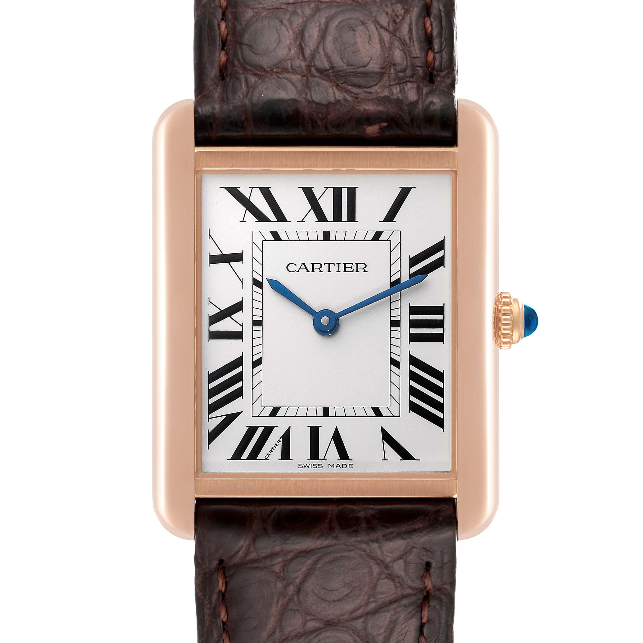 This is a front view of the Cartier Tank Solo W5200025 Men
s Steel and Gold (two tone) Silver Dial W5200025 Men
s Steel and Gold (two tone) Silver Dial watch showing the face, leather strap, and crown.