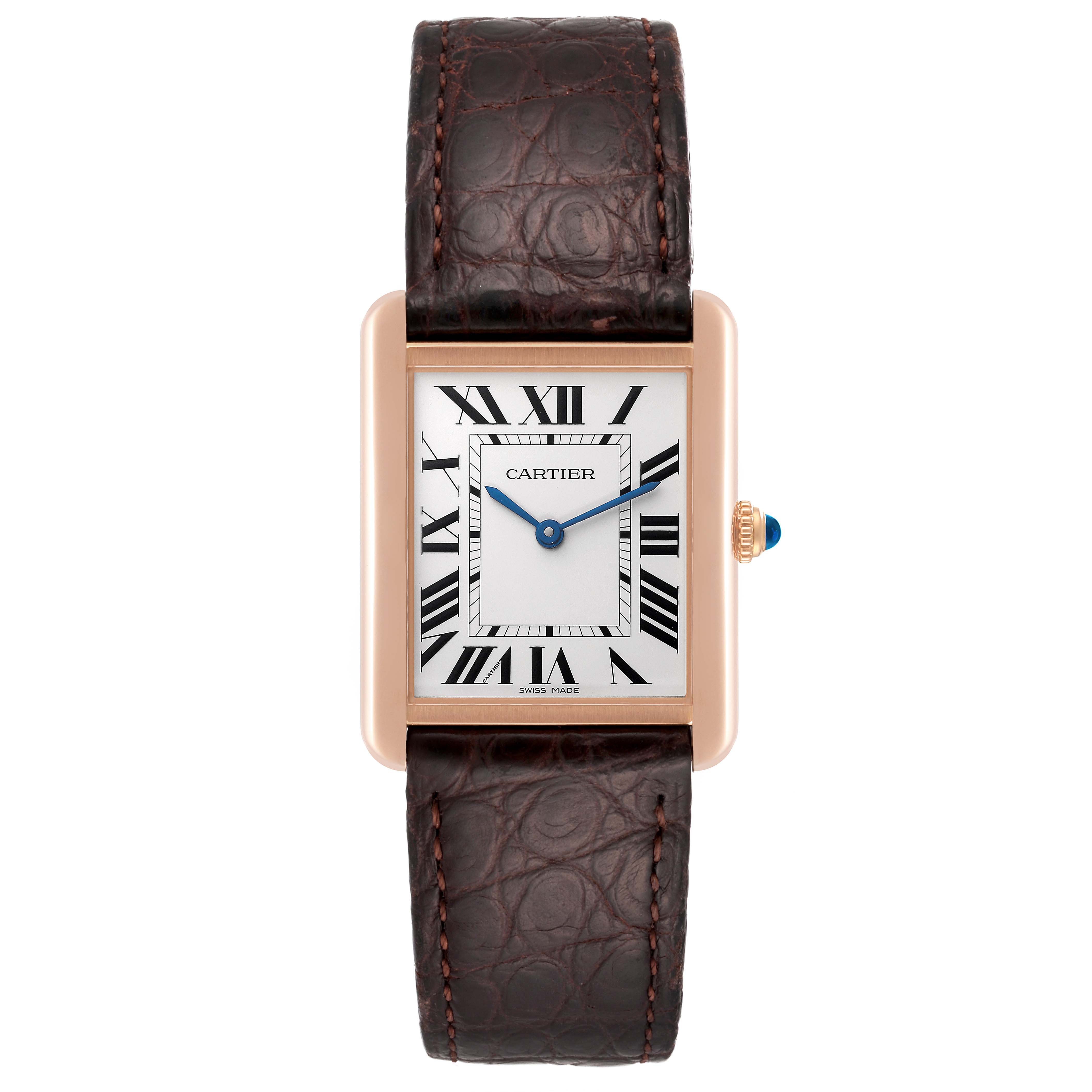 The image shows a front view of a Cartier Tank Solo W5200025 Men
s Steel and Gold (two tone) Silver Dial W5200025 Men
s Steel and Gold (two tone) Silver Dial watch, highlighting the rectangular face, Roman numerals, and leather strap.