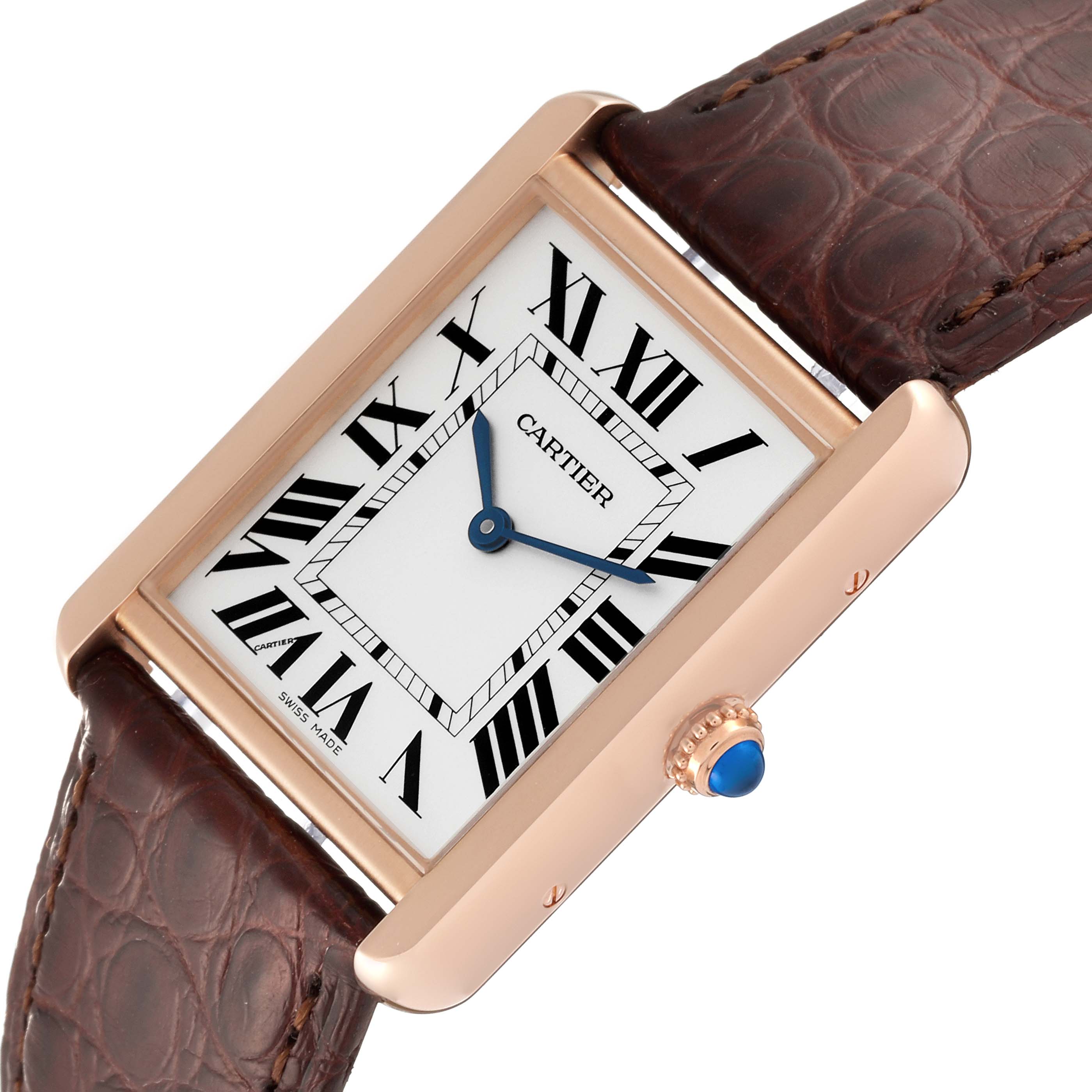This image shows a close-up of a Cartier Tank Solo W5200025 Men
s Steel and Gold (two tone) Silver Dial W5200025 Men
s Steel and Gold (two tone) Silver Dial watch, highlighting its dial, crown, and a portion of the strap.