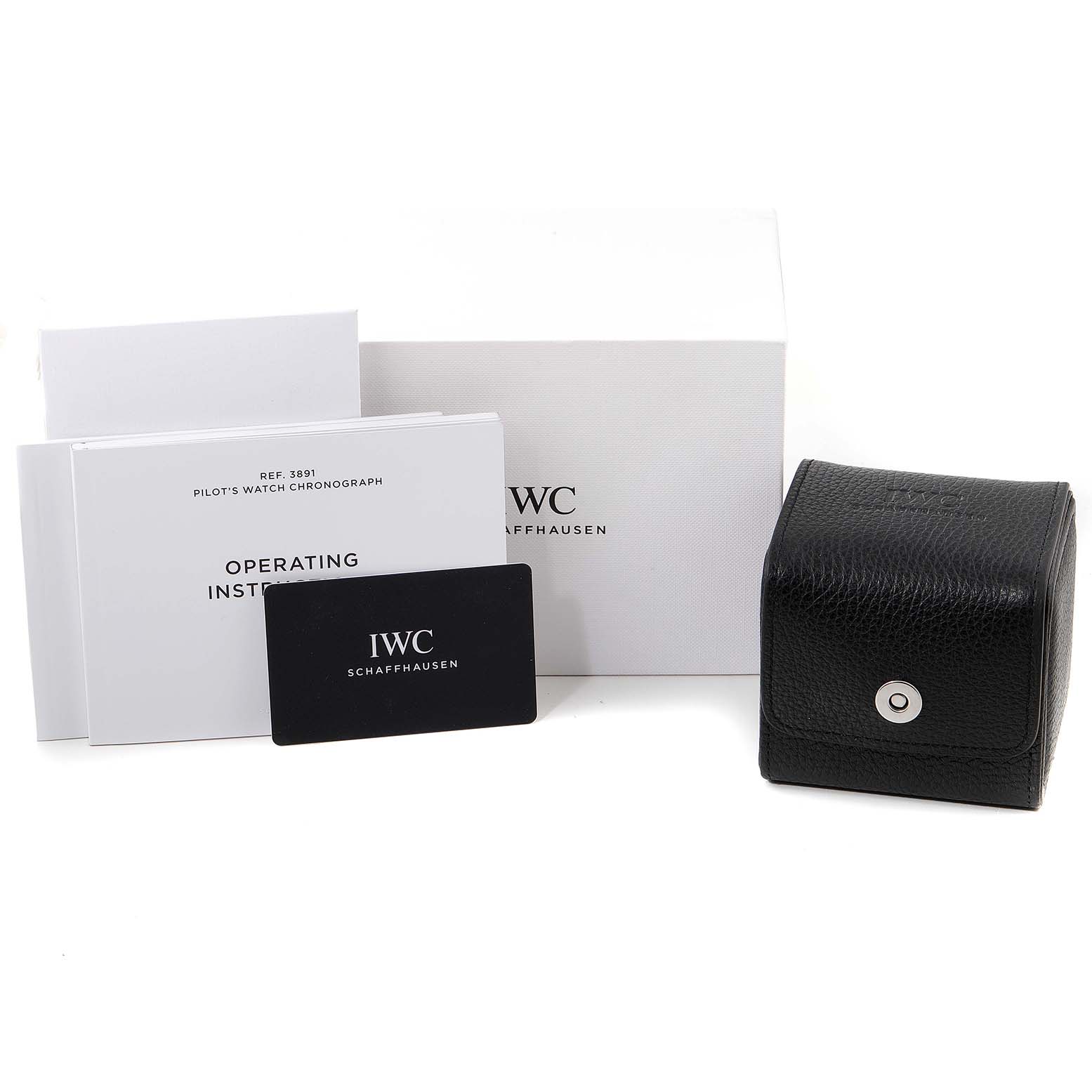 The image shows the box, papers, and a leather case for the IWC Pilot IW389101 Men's Ceramic Black Dial IW389101 Men's Ceramic Black Dial model watch.