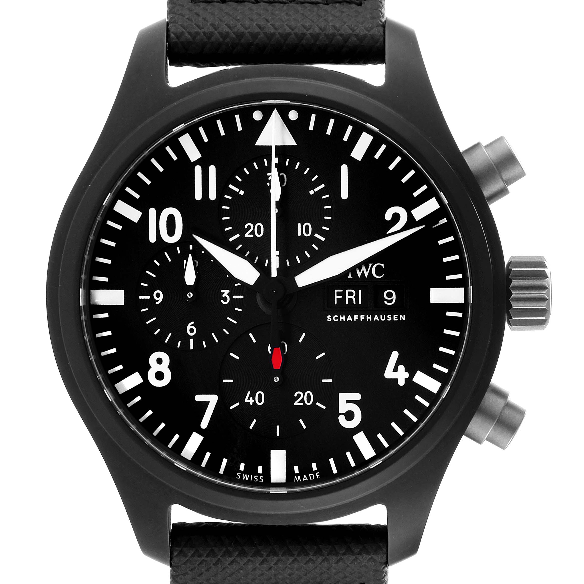 The IWC Pilot IW389101 Men's Ceramic Black Dial IW389101 Men's Ceramic Black Dial watch is shown from a front angle, highlighting its black dial, three subdials, day-date display, and crown/pushers.