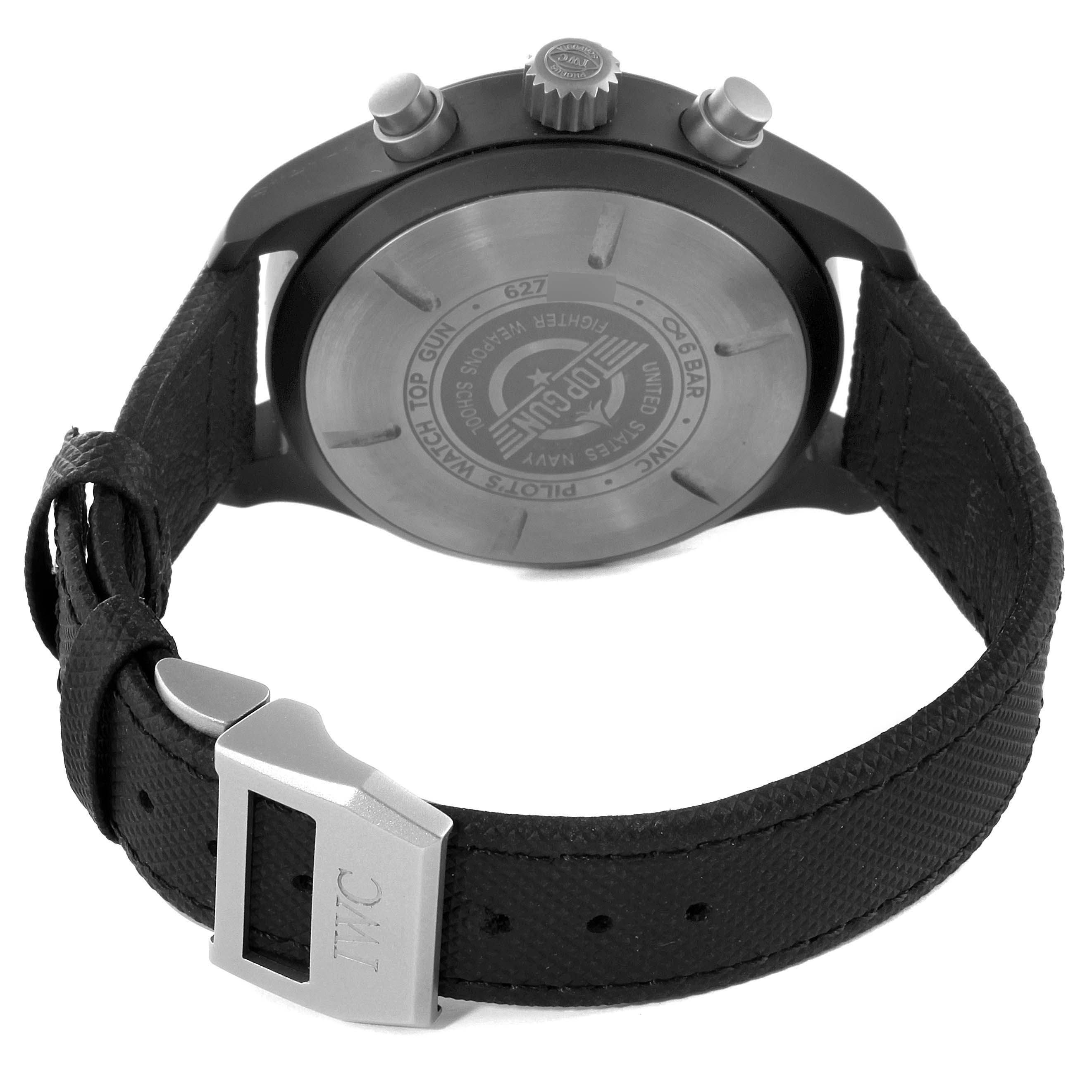 The image shows the back case, crown, pushers, and strap of the IWC Pilot IW389101 Men's Ceramic Black Dial IW389101 Men's Ceramic Black Dial model watch.