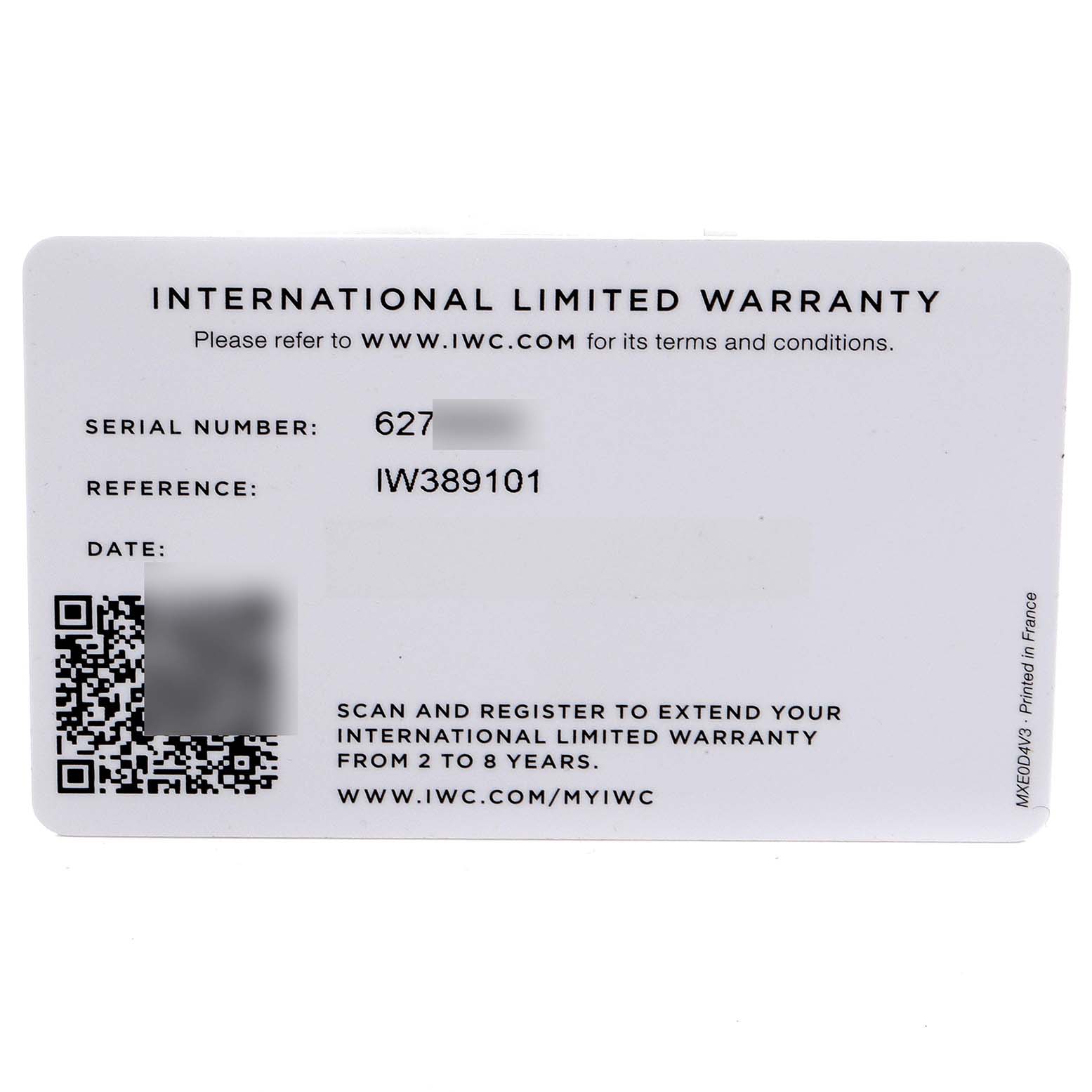 This image shows the International Limited Warranty card for the Pilot model by IWC, displaying the serial number, reference, and QR code.