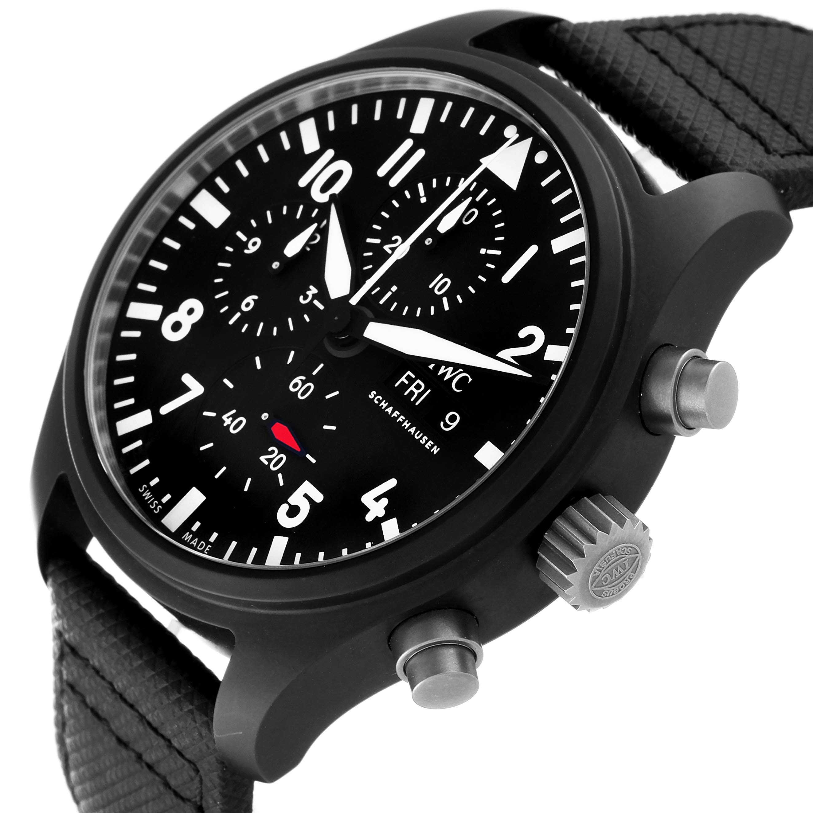 The photo shows an angled view of the IWC Pilot IW389101 Men's Ceramic Black Dial IW389101 Men's Ceramic Black Dial watch, highlighting the dial, crown, pushers, and part of the strap.