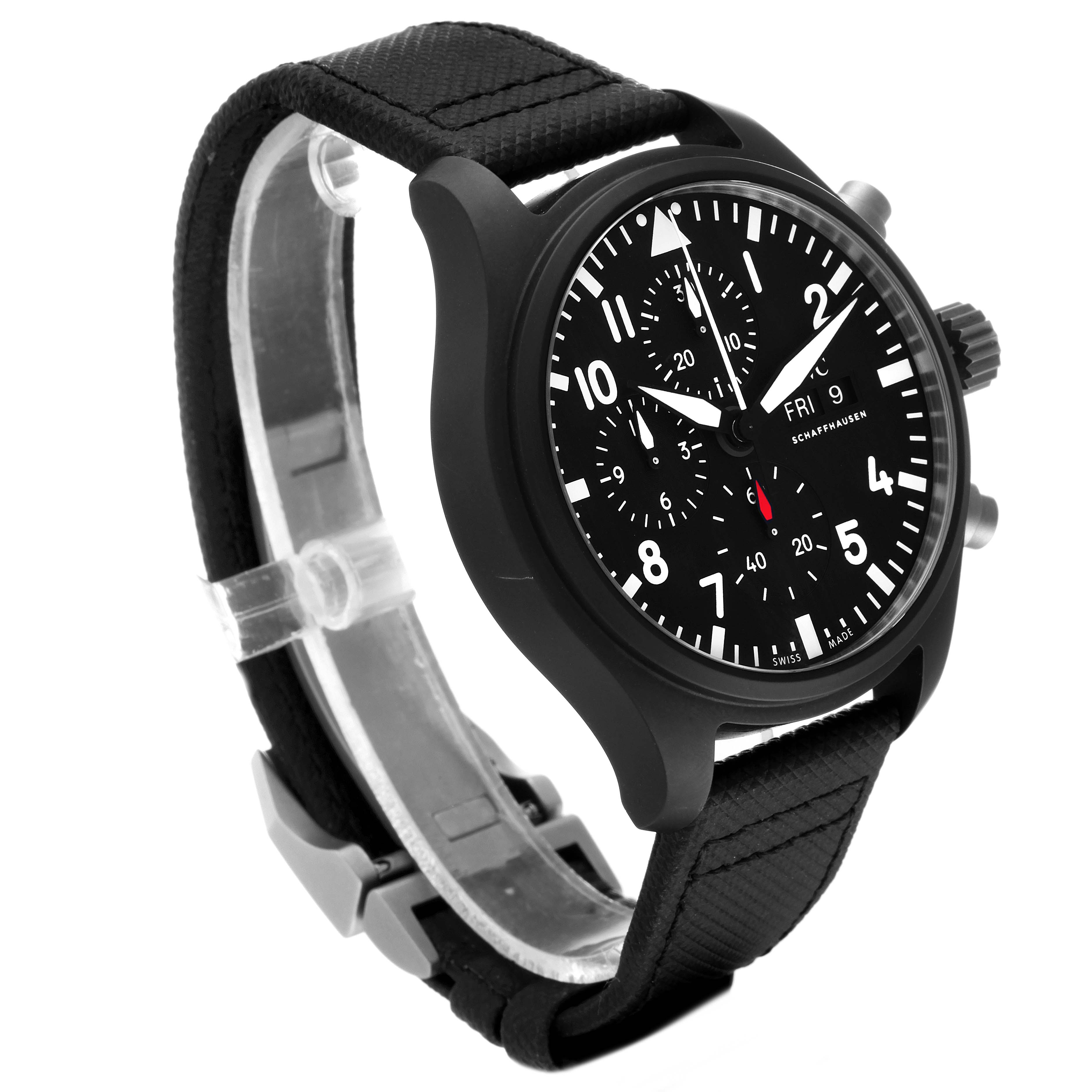 This image shows an IWC Pilot IW389101 Men's Ceramic Black Dial IW389101 Men's Ceramic Black Dial model watch from a side angle, highlighting the black dial, chronograph, and fabric strap.