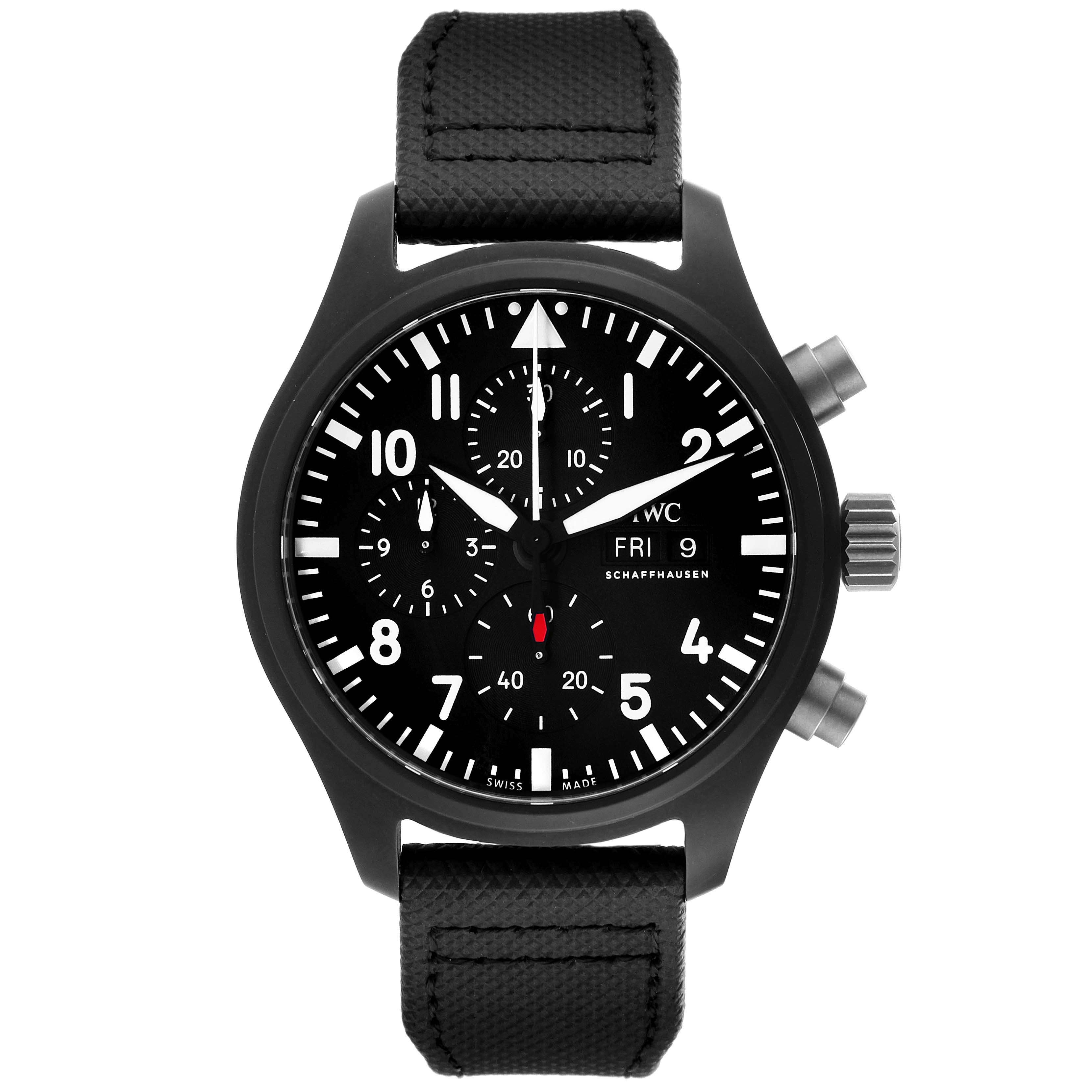 The image shows a front view of an IWC Pilot IW389101 Men's Ceramic Black Dial IW389101 Men's Ceramic Black Dial model watch, displaying its black dial, chronograph sub-dials, and black strap.