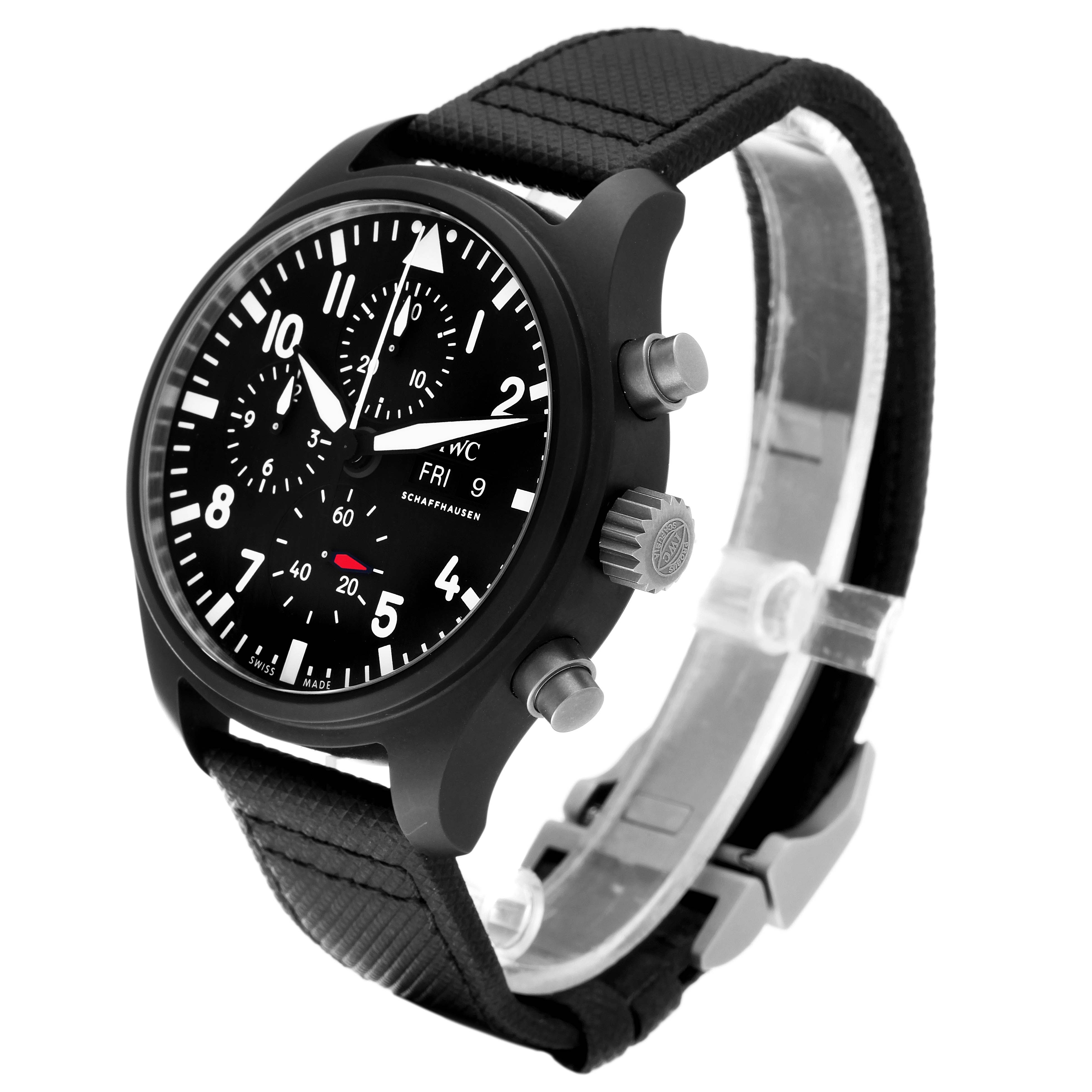 The image shows a side-angle view of the IWC Pilot IW389101 Men's Ceramic Black Dial IW389101 Men's Ceramic Black Dial model watch, highlighting its face, crown, and strap.